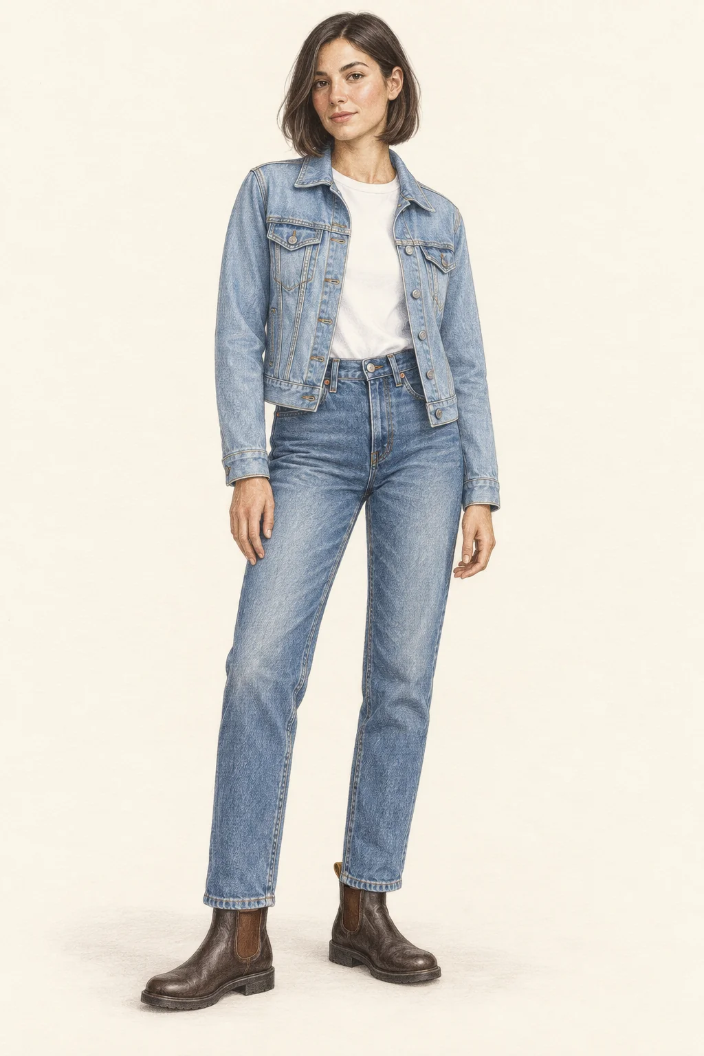 Full-length pencil illustration of a young woman in a pale denim jacket, blue straight jeans, white tee and brown Chelsea boots.