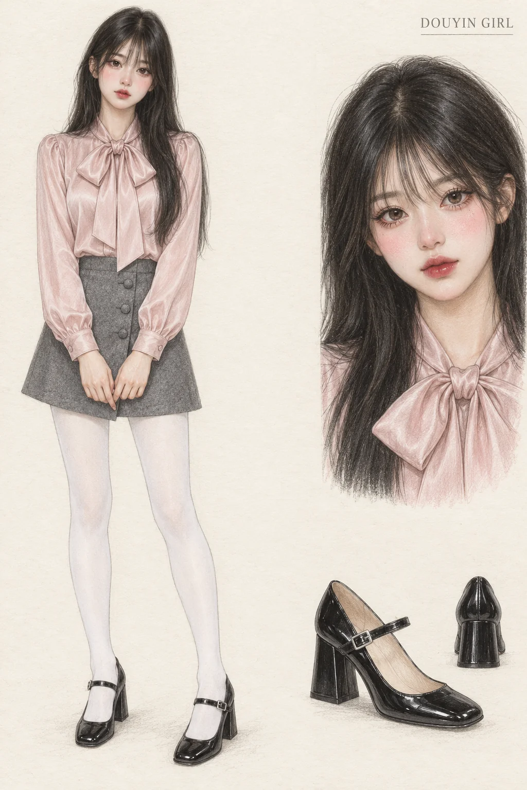 Colored-pencil fashion sketch for Douyin Girl: shimmered eyes, pink silk and grey buttons, with youthful fictional character and separate face and footwear studies.