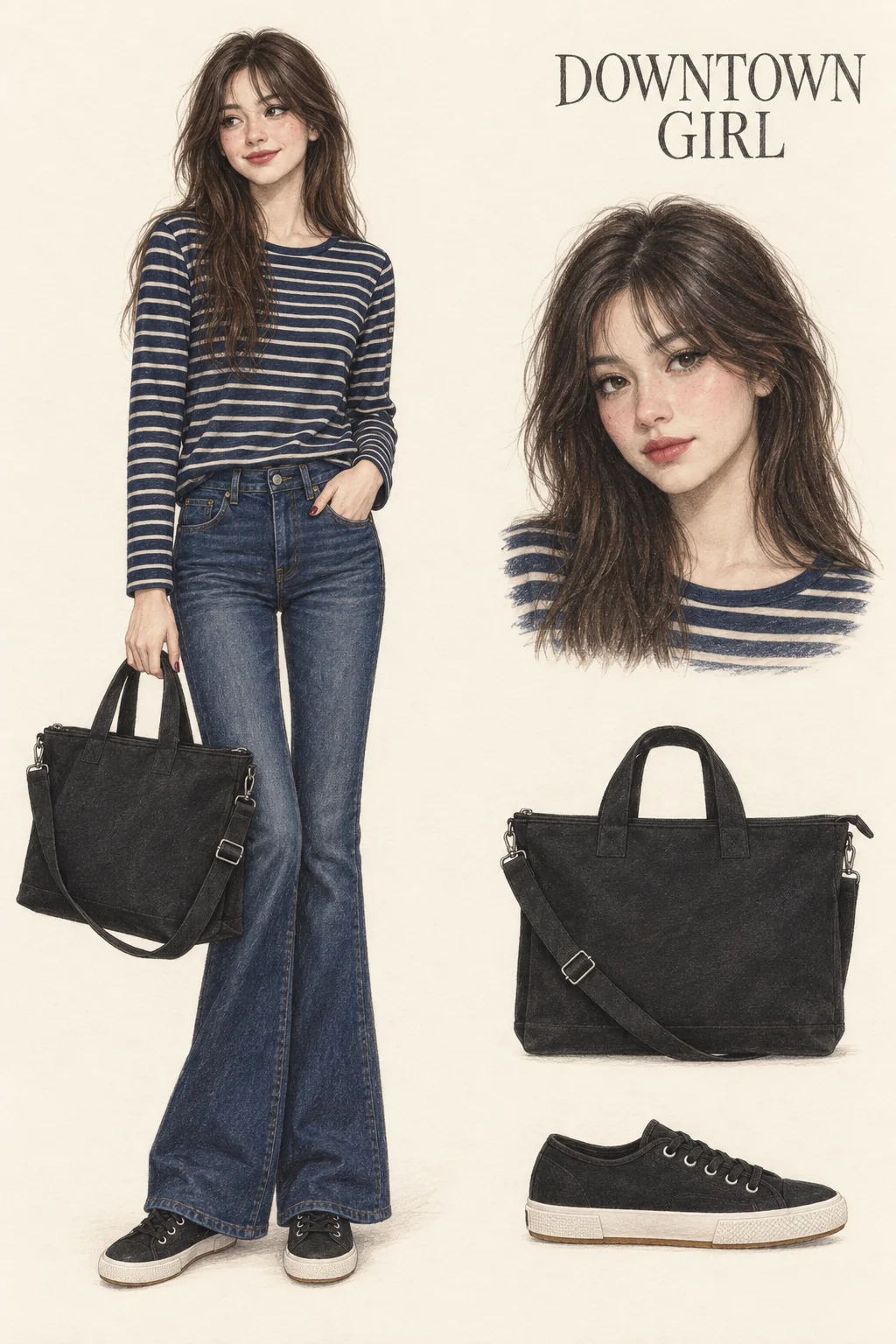 Full-length colored-pencil fashion sketch on warm ivory paper. Youthful lightly freckled face with long tousled dark layers and curtain-fringe wisps, softly smudged liner, muted berry-rose lips and burgundy nails. Navy/ecru long-sleeve stripe with a small front tuck, high-rise dark flared jeans, black canvas low-tops with white sidewalls and a black zip-top tote with two handles and a long strap. One hand rests in a jean pocket; both entire shoes and bag remain visible. Separate face and item studies appear at right.