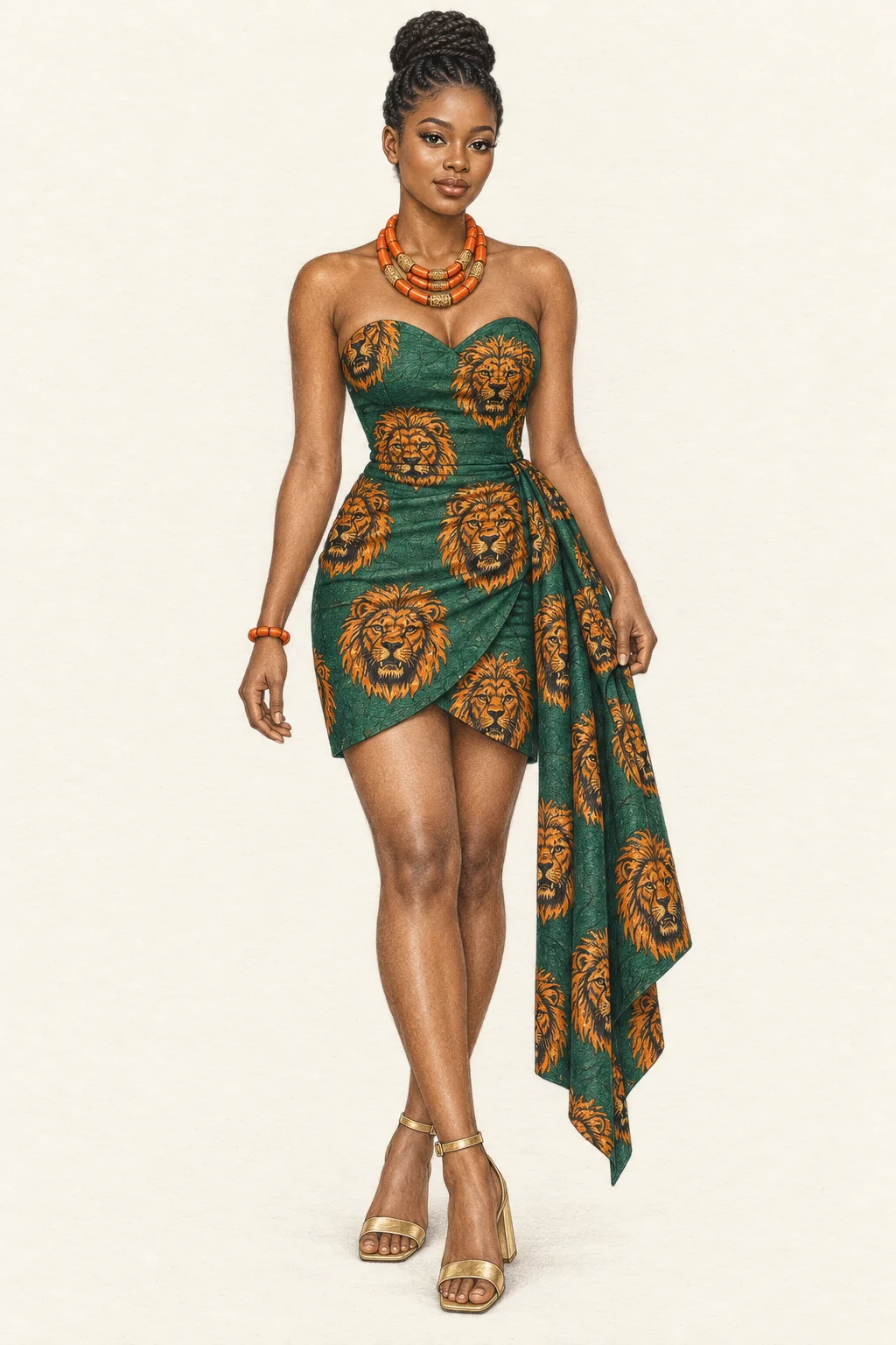 Fictional Nigerian woman in an emerald lion-head mini dress with long hip drape, orange beads and gold sandals.