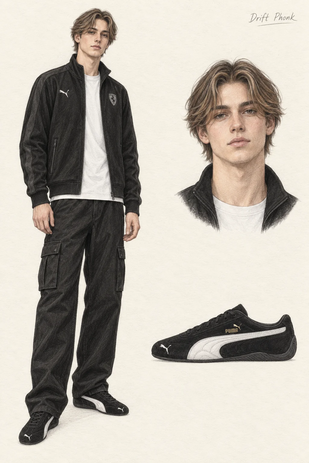 Colored-pencil sheet of a youthful clean-shaven man with medium dark-blond curtain hair, black motorsport jacket, white tee, black cargos and slim black-and-white sneakers, with matching portrait and shoe study.