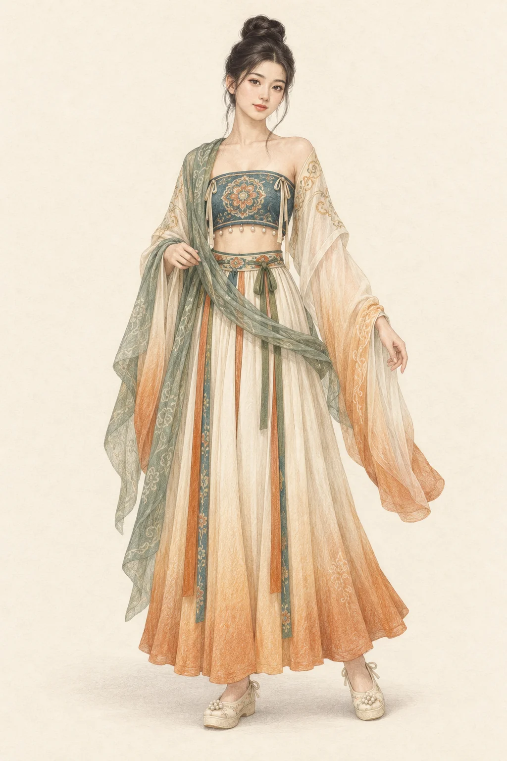 A woman in teal embroidered chest wrap, orange and ivory flowing skirt, sheer broad sleeves, green draped pibo and cream cloud-head shoes.