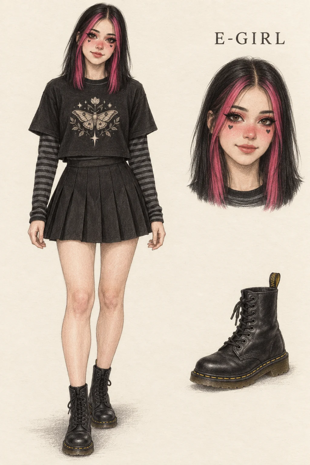 Colored-pencil fashion sheet on warm ivory: a youthful light-skinned fictional character with straight black and pink shoulder-length hair, rose blush across the nose, black eyeliner and small cheek hearts. She wears a black moth tee over striped long sleeves, a black pleated mini skirt and complete black lace-up boots. Separate face and boot studies sit at right.