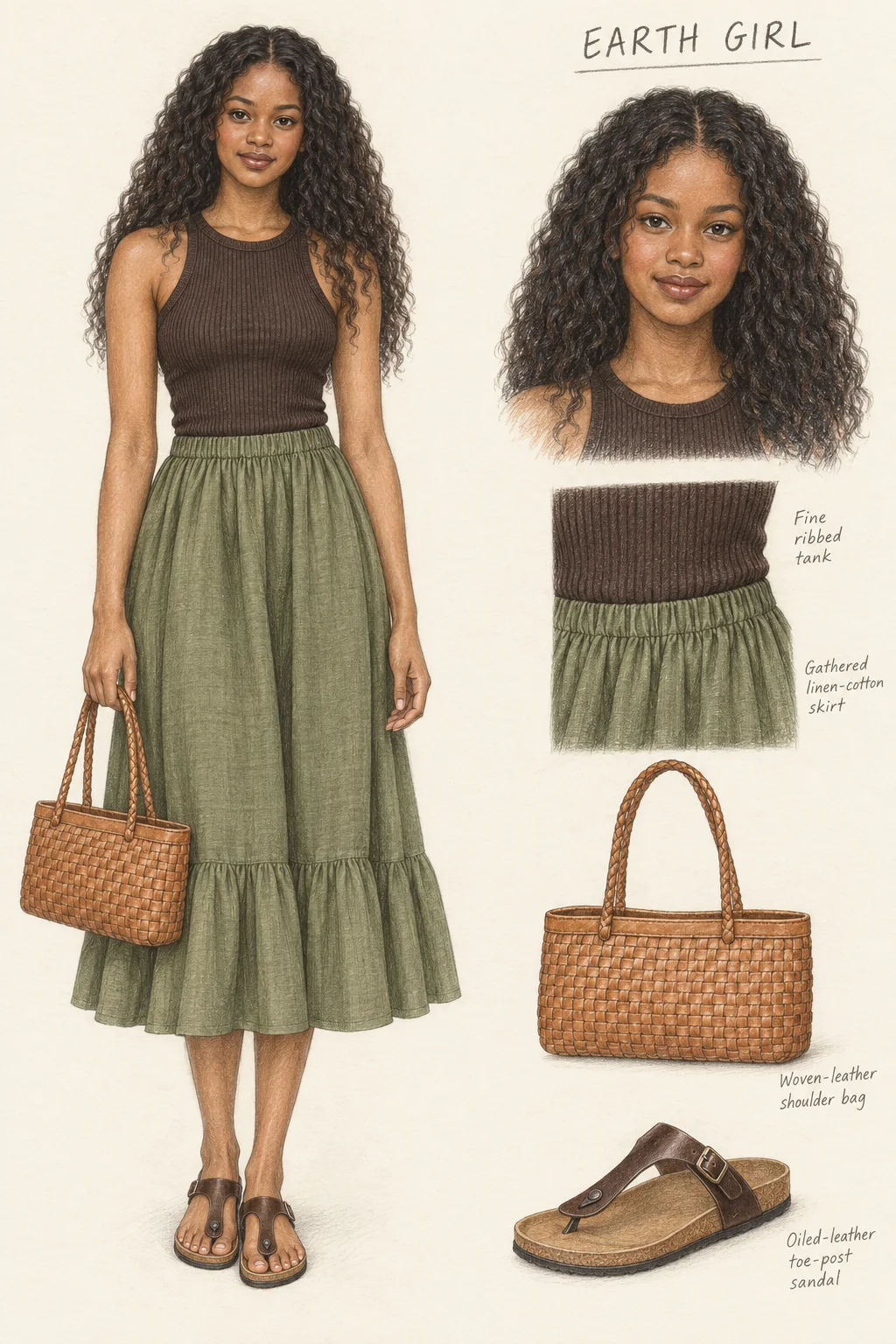 Full-length colored-pencil fashion sketch on warm ivory paper. Youthful Kenyan character with warm light-brown complexion, long voluminous dark waves/soft coils, warm cheek color and softly glossy brown lips. Naturally slim proportions and softly shaded arms/lower legs without pronounced muscles. Chocolate high-neck rib tank tucked into olive gathered midi with one broad lower ruffle, brown toe-post cork sandals and a horizontal caramel woven bag with two braided handles. Complete hair, hands, bag, skirt hem and both sandal soles retained. Face and garment studies are separate at right.