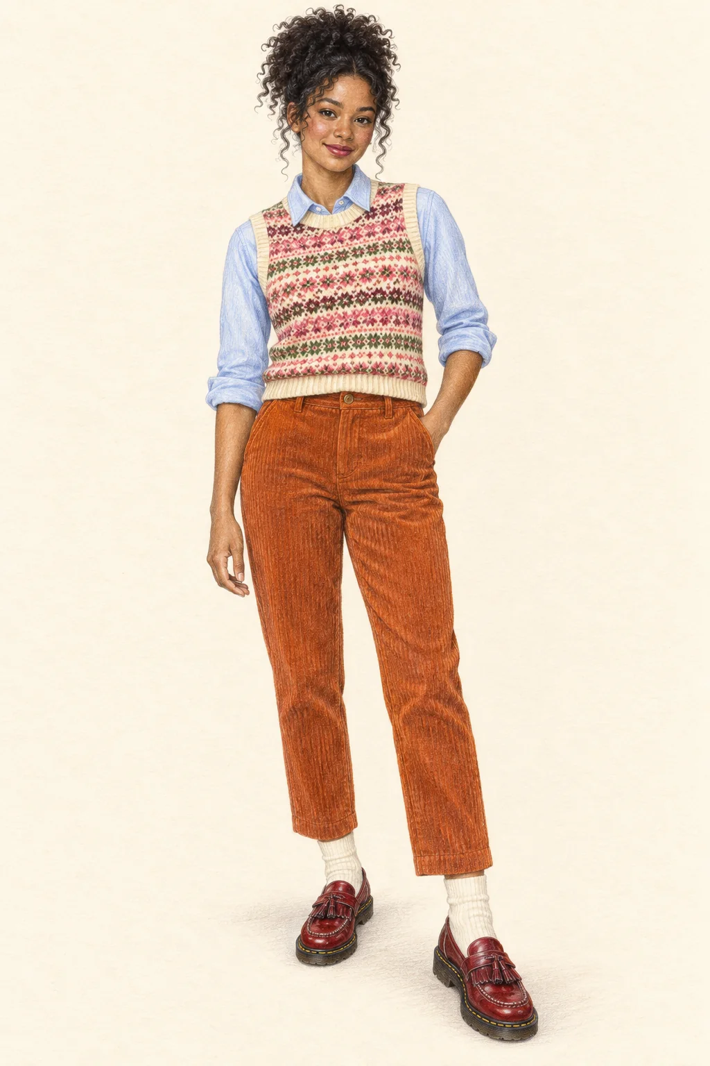 Realistic coloured-pencil portrait of a youthful woman with a curl puff wearing a pink Fair Isle vest over a blue shirt, orange corduroy trousers, cream socks and cherry loafers.