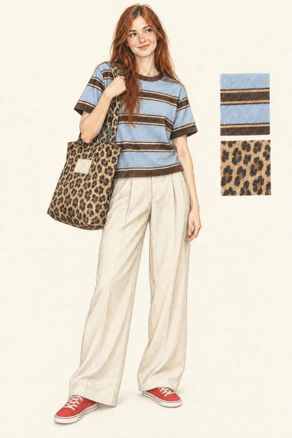 Colored-pencil fashion sketch of a young adult with long auburn hair in a blue-and-brown striped tee, wide cream trousers, red canvas sneakers and a leopard tote, with two fabric studies on ivory paper.