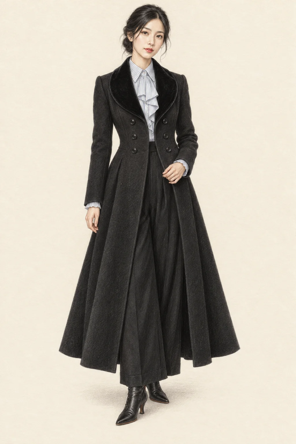 Full-length coloured-pencil portrait of a young adult woman wearing a long flared black Gothic coat, pale striped jabot, wide black trousers and pointed black boots.