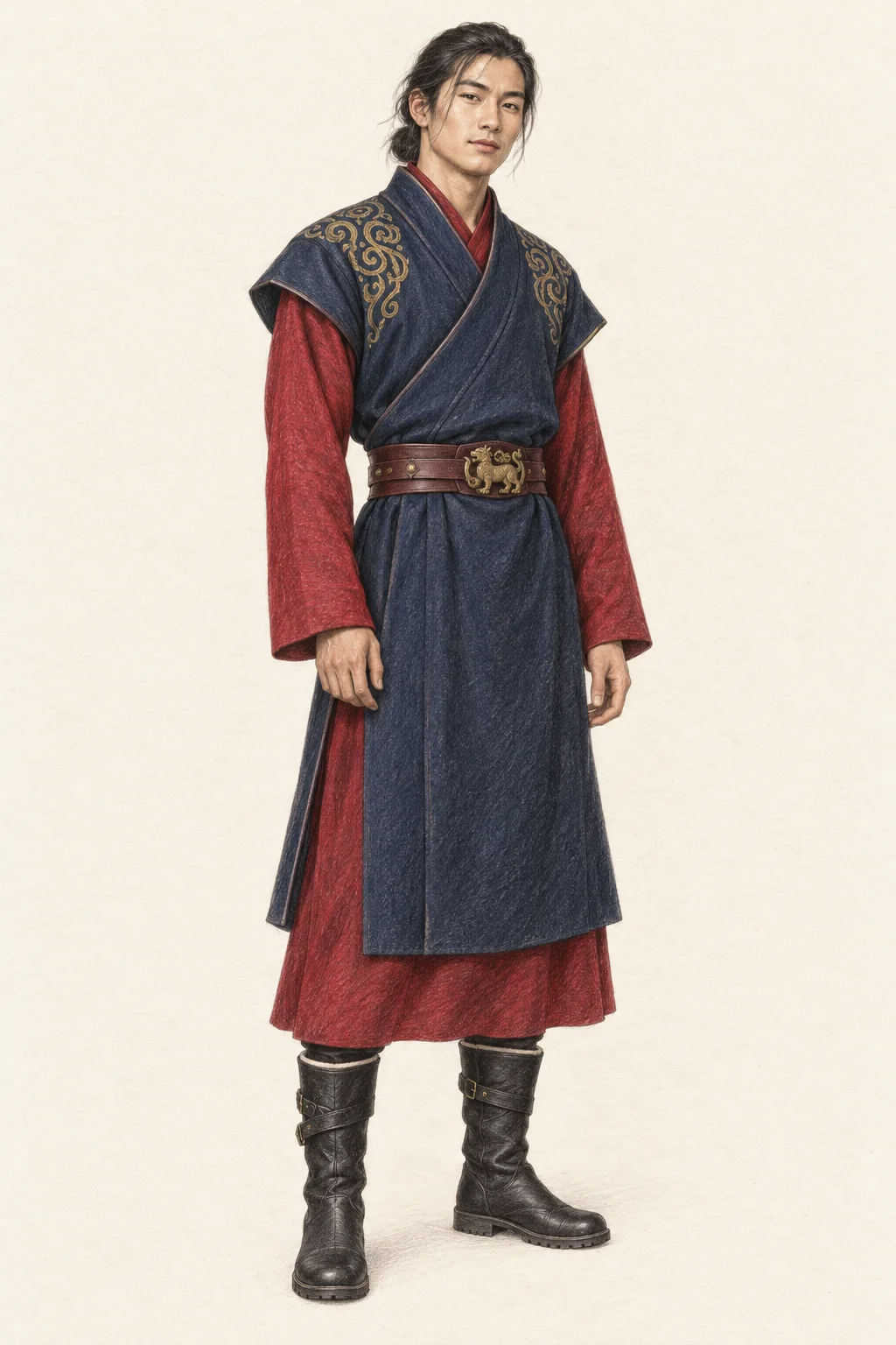 Colored-pencil figure in a long navy embroidered vest over a crimson deel, broad burgundy belt and black tall boots.