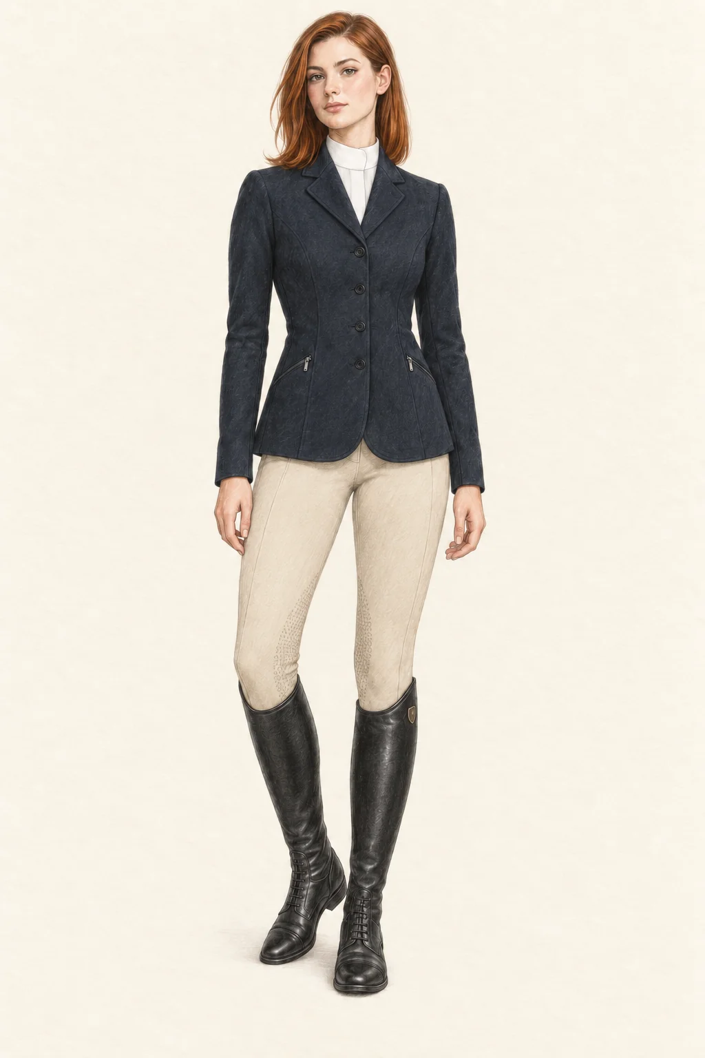 Colored-pencil fashion portrait of a young adult wearing a dark fitted show coat, pale stand-collar shirt, tan breeches and tall black lace-front field boots on warm ivory paper.
