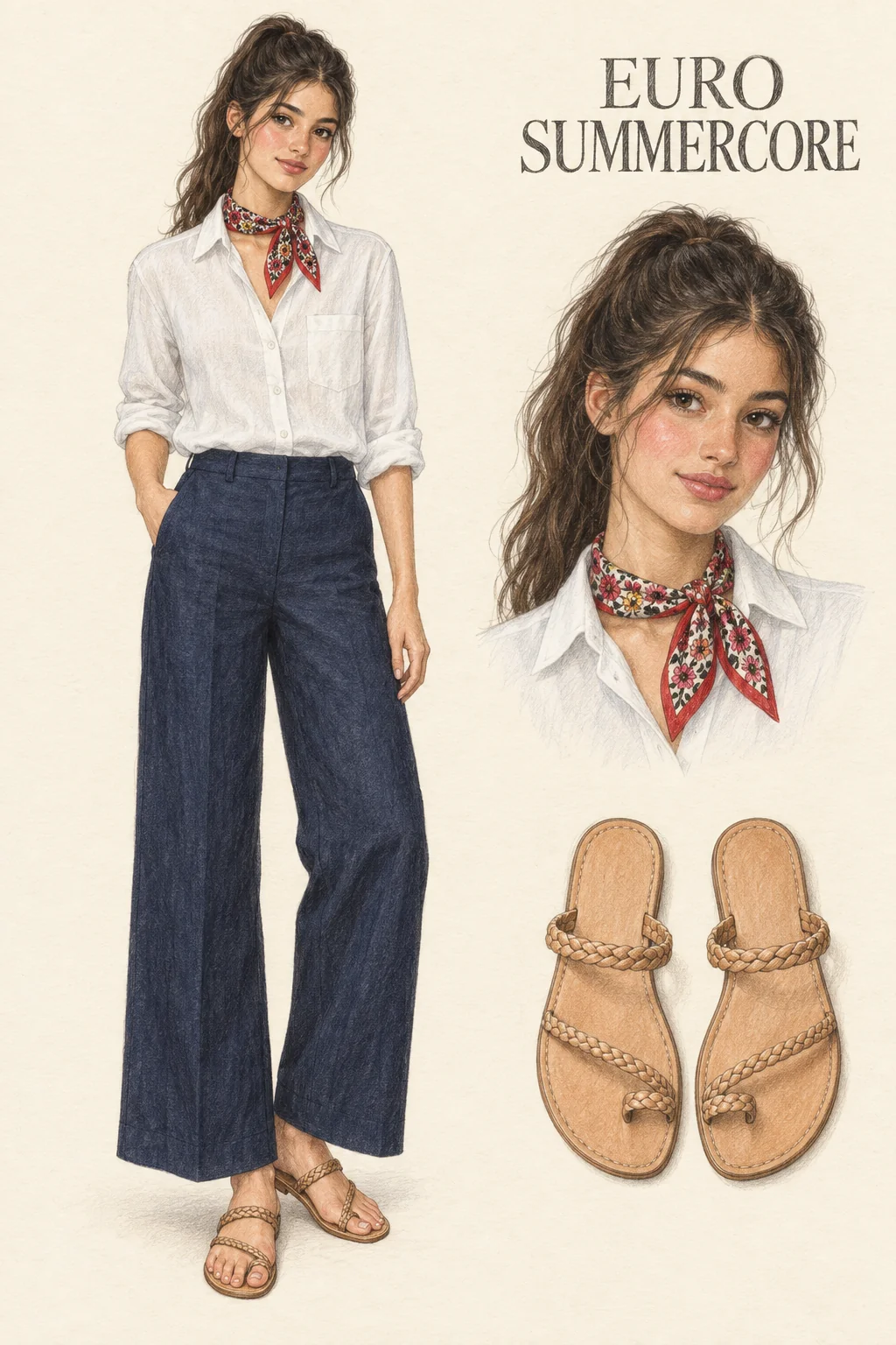 Full-length colored-pencil fashion sketch on warm ivory paper. Youthful warm light-olive face with a loose high dark-brown ponytail, face-framing wisps, coral-rose cheeks, fine lashes and muted warm-pink lips. White one-pocket linen shirt with rolled sleeves and a relaxed tuck into flat-front navy wide-leg trousers. Red-bordered floral scarf is tied at the neck; natural braided sandals show toe loops and narrow crossing strands. One hand is in a trouser pocket, with both shoes complete. Separate face and item studies appear at right.