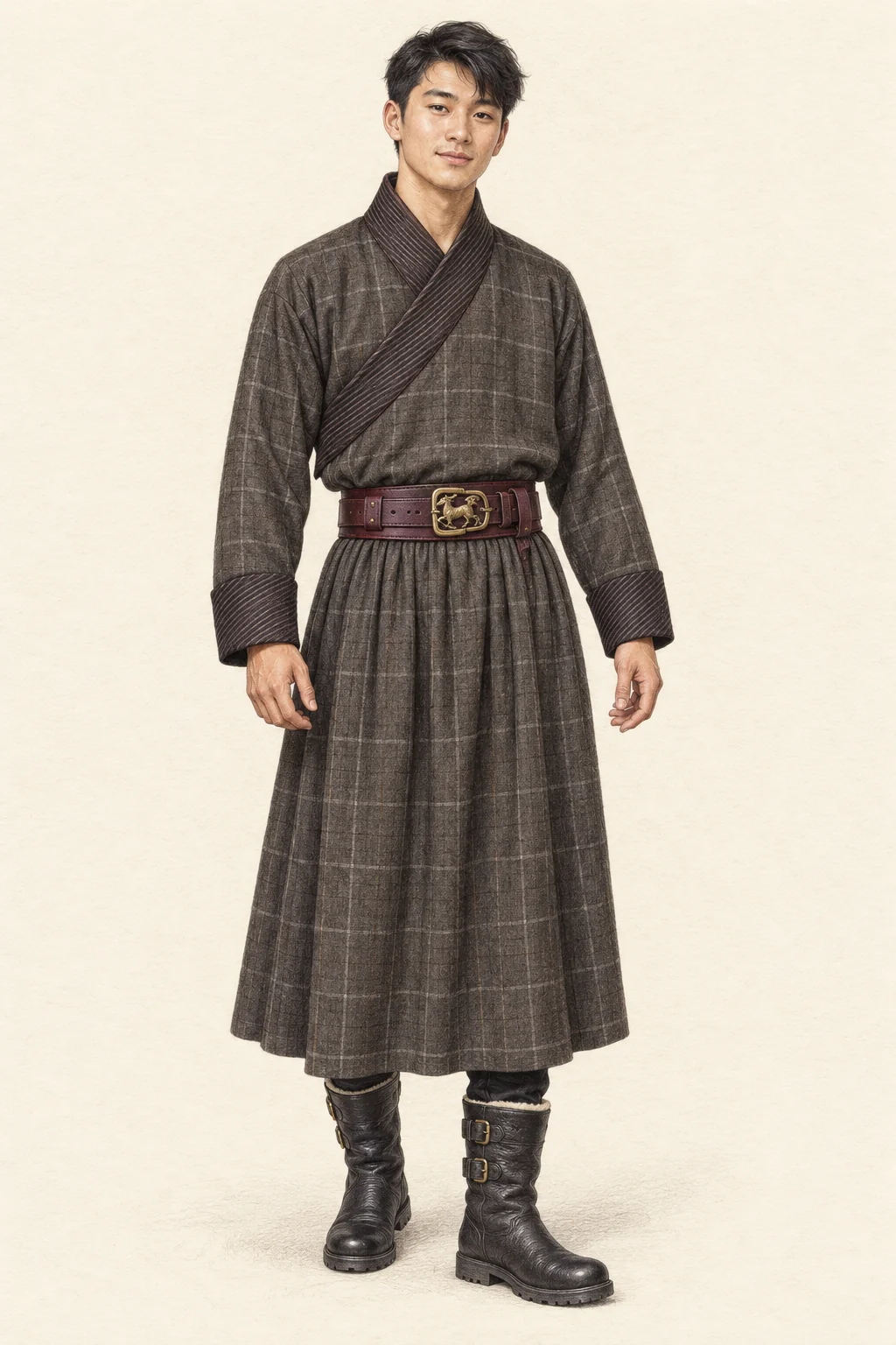 Colored-pencil full figure of a fictional young Mongolian man in a checked charcoal deel with diagonal overlap, a broad burgundy belt and black lined boots.