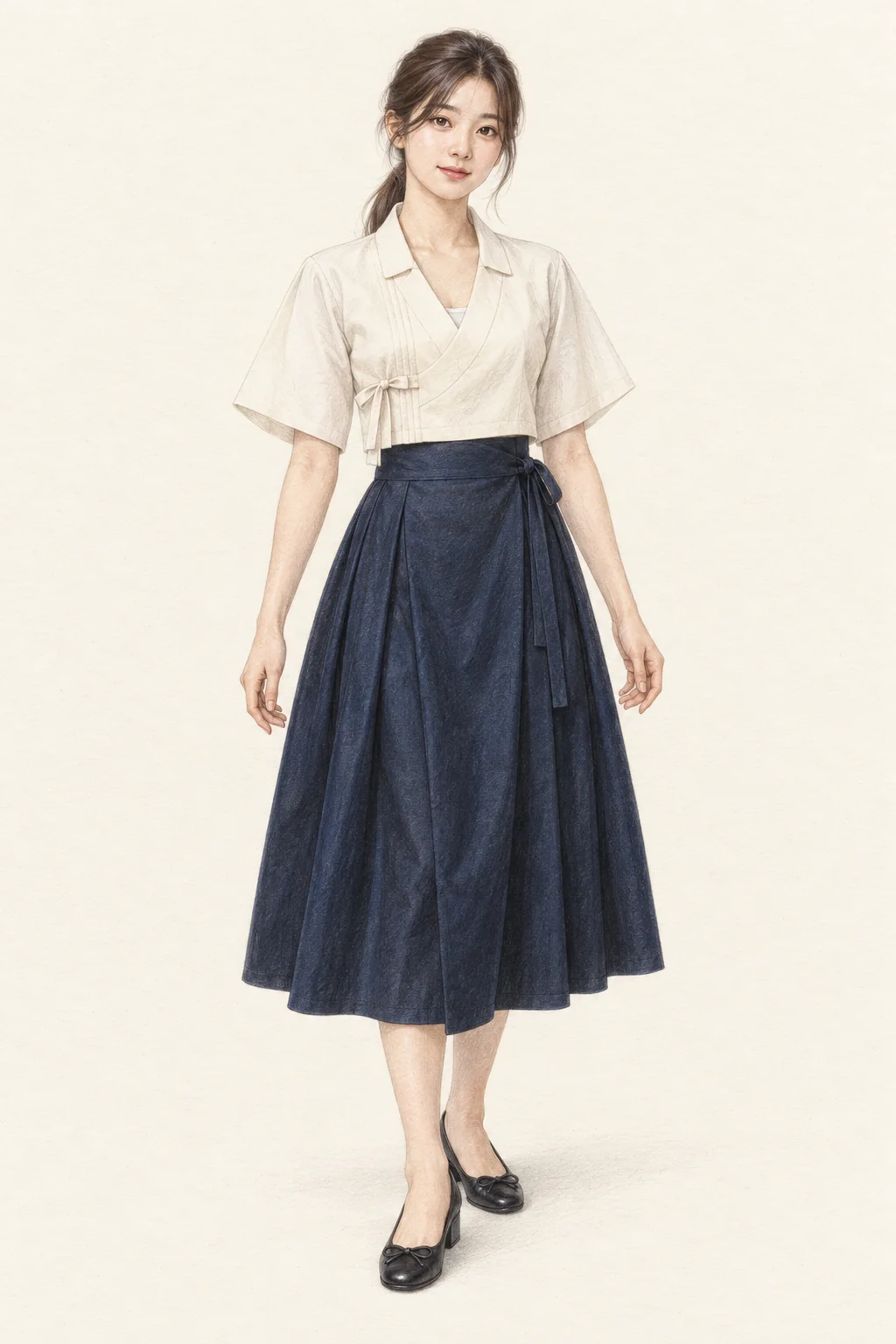 Fictional young Korean woman in an ivory tied jeogori, navy calf-length wrap skirt and black low bow pumps.