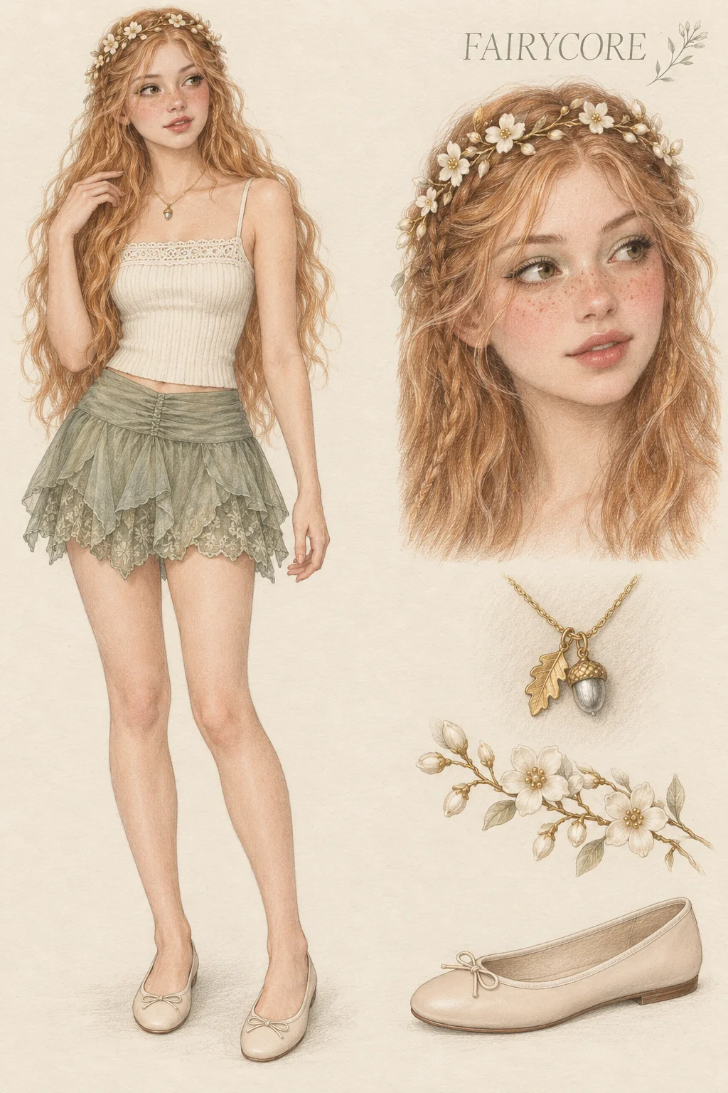 Colored-pencil Fairycore study: sage lace, an ivory flower vine and acorn silver, youthful fictional character with separate face and footwear studies.