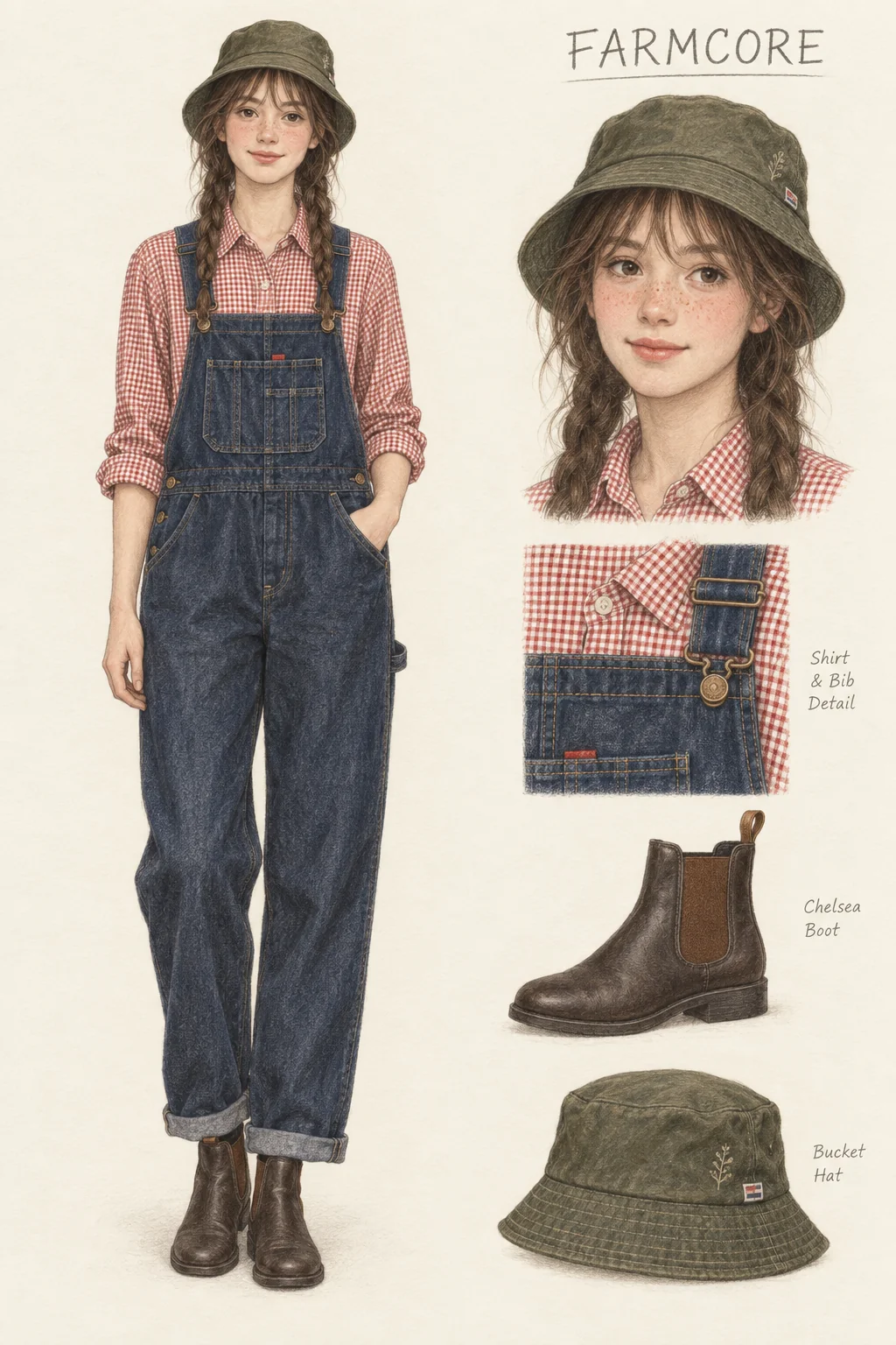 Full-length colored-pencil fashion sketch on warm ivory paper. Youthful freckled face, loose low chestnut braids, soft fringe under olive hat, peach-rose cheeks and natural rosy lips. Soft slender forearms and healthy natural proportions. Loose dark indigo bib overalls over fine red/white gingham, single rolled hems above dark brown Chelsea boots and olive bucket hat. Bib shape, curved pocket, small hardware and both entire shoes remain visible. Face and garment studies are separate at right.