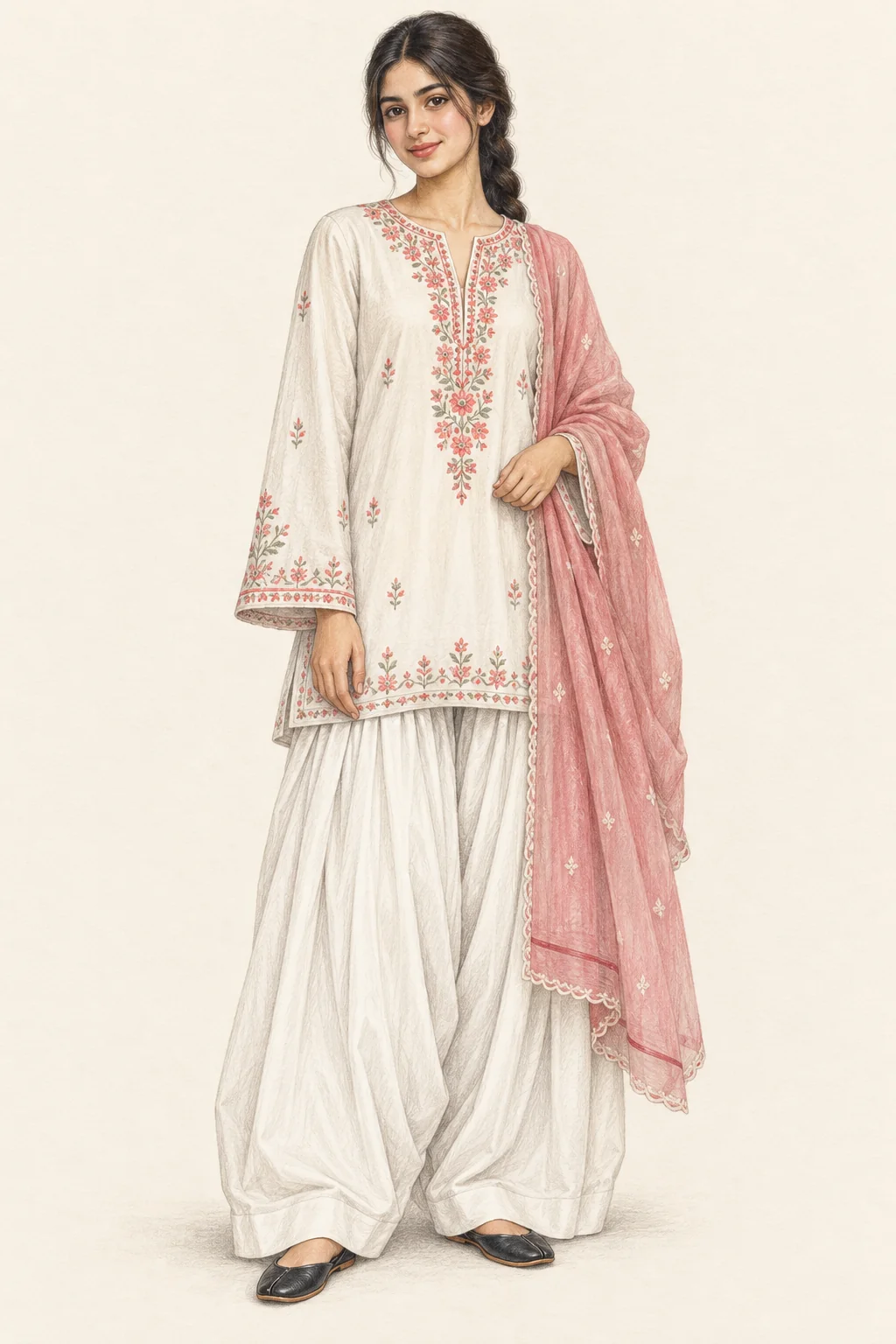 Realistic coloured-pencil full portrait of a slim young Pakistani woman with a dark braid, white embroidered kameez, voluminous white farshi shalwar, dusty-pink dupatta and black khussa on ivory paper.