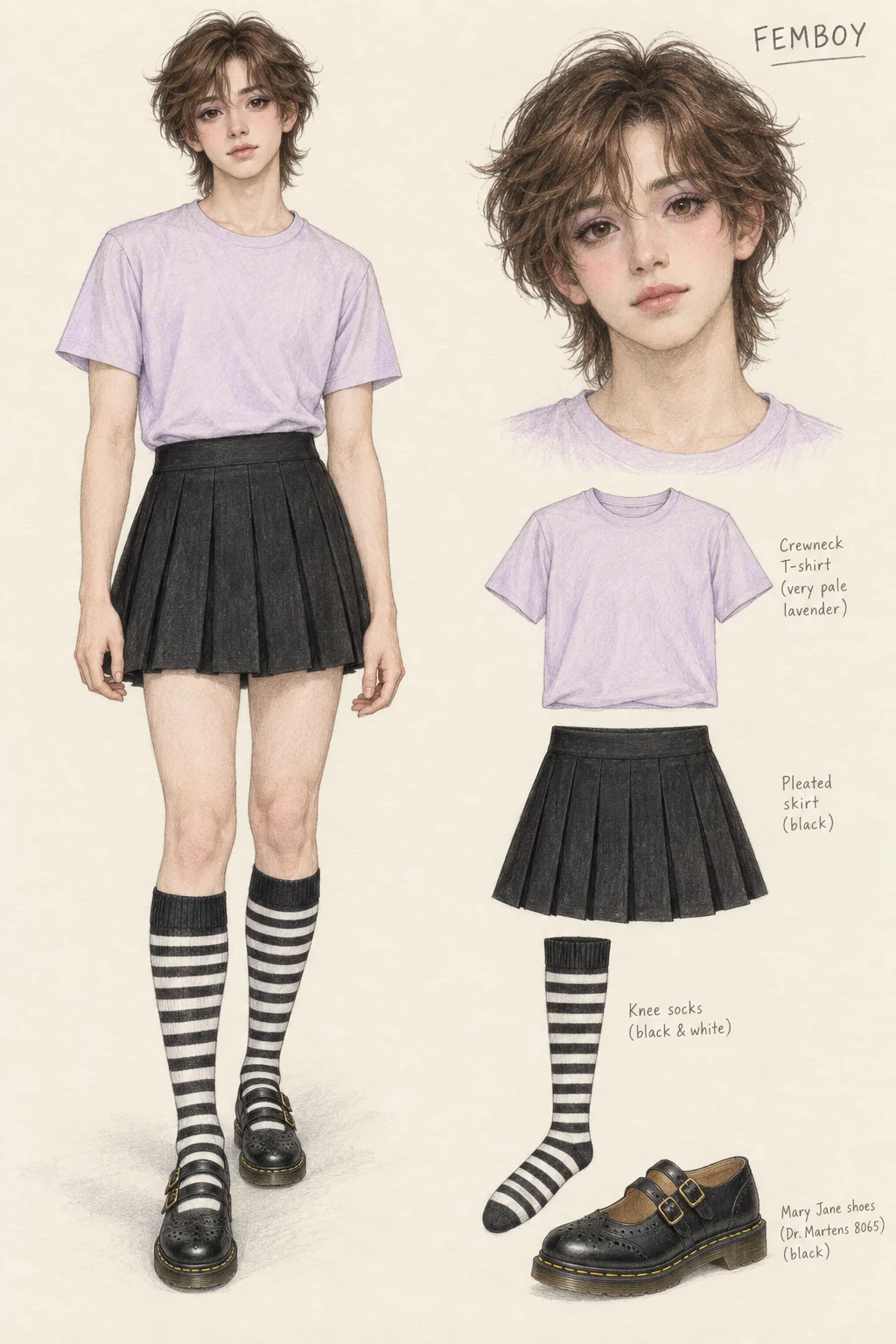 Full-length colored-pencil fashion sketch on warm ivory paper. Fresh youthful soft face, fluffy medium chestnut hair with wispy bangs and nape, brown eyes, lavender eye color, fine lashes and rosy cheeks/lips. Slim healthy proportions, softly shaded slender thighs and arms; no exaggerated muscle definition or curves. Plain lavender crewneck tucked into a black knife-pleated mini skirt, black-and-white knee socks with solid dark cuffs, and rounded black double-strap Mary Janes. Natural standing pose with relaxed hands. Matching face and four garment studies stay right of a clear ivory gutter; exact crop preserves all hair, both hands and complete shoes.