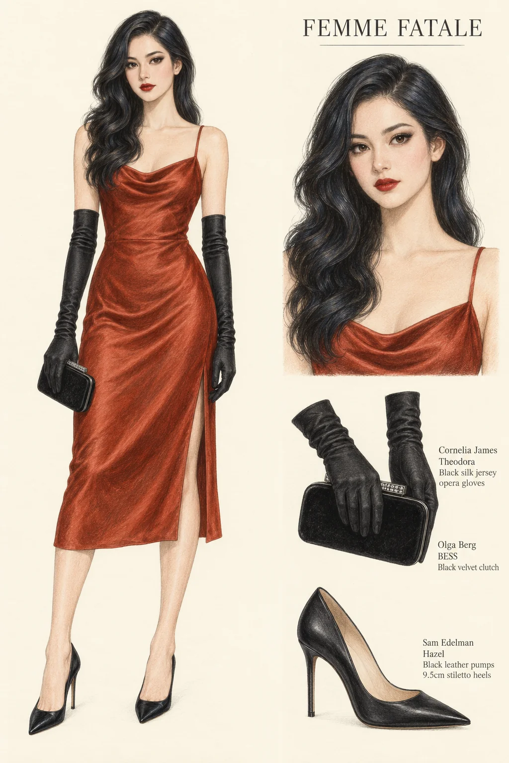 Detailed colored-pencil Femme Fatale sheet on warm ivory paper. Copper silk, black gloves and long dark screen-style waves. Complete youthful fictional figure at left with a matching face and item studies at right.
