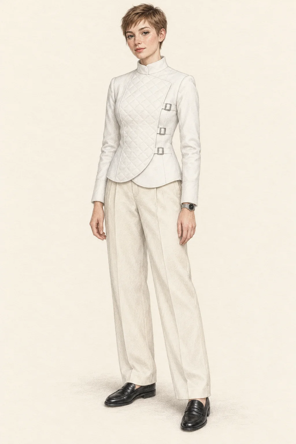 Full-length pencil illustration of a young woman in a white quilted fencing-inspired jacket, cream trousers and black loafers.