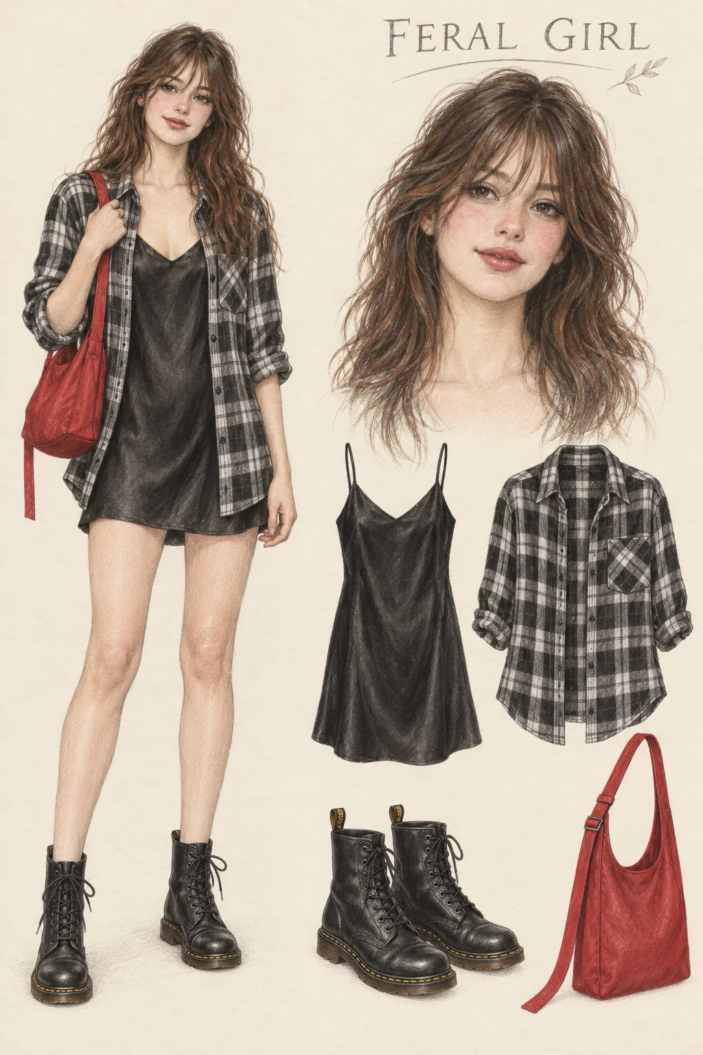 Full-length colored-pencil fashion sketch on warm ivory paper. Youthful soft face, long tousled chestnut waves and airy fringe, diffused charcoal lash line, rose cheeks and soft berry lips. Natural slender figure and softly shaded narrow legs. Open grey/black plaid curved-hem shirt around plain black satin mini, black lace-up boots and red shoulder sling. Exact crop preserves full hair, both hands, the hanging bag and complete boots, with right studies outside.