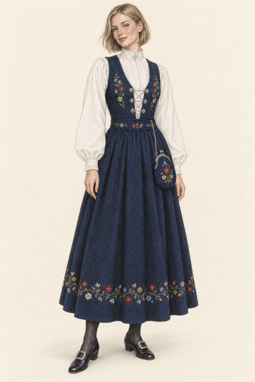 Full-length pencil illustration of a young woman in a navy embroidered Norwegian festdrakt, white blouse and black buckle shoes.