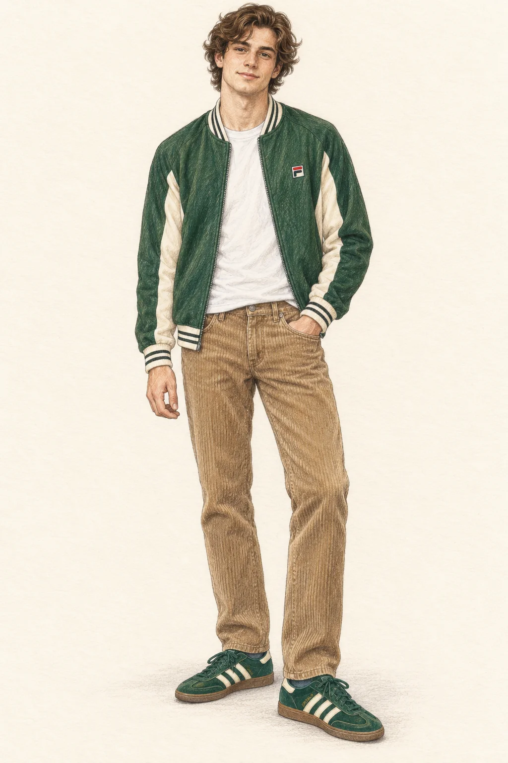Colored-pencil portrait of a young adult in a green-and-cream track jacket, white tee, tan corduroy trousers and green trainers on opaque ivory paper.