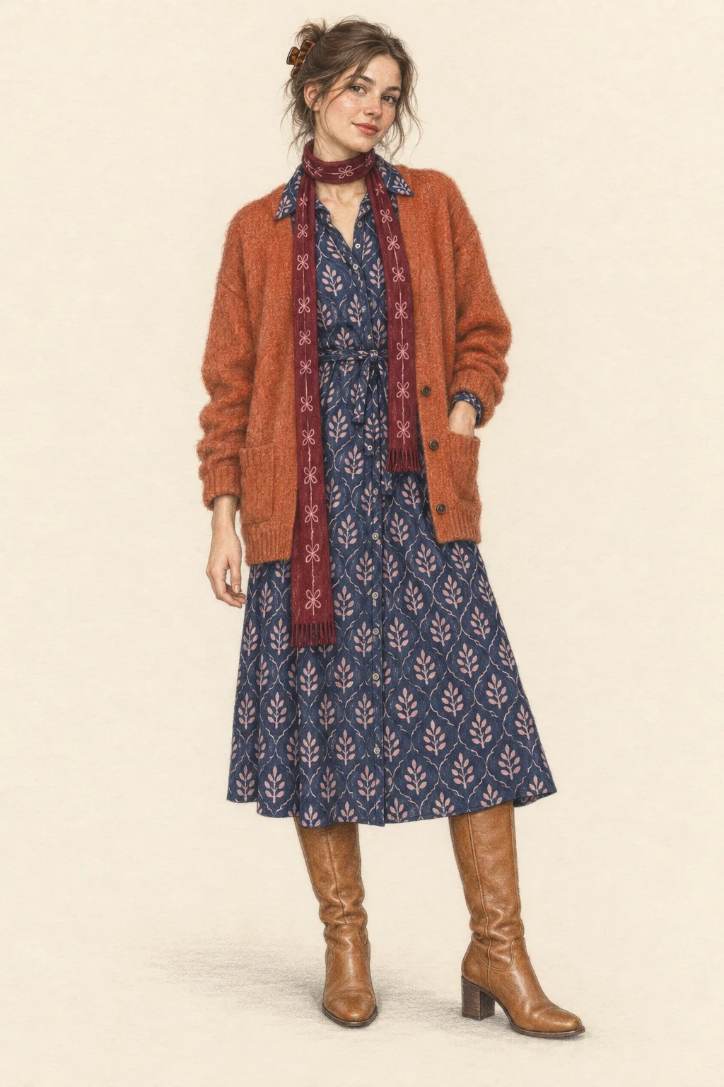 Realistic coloured-pencil portrait of a youthful woman with a loose chestnut hair twist wearing an orange cardigan, navy floral shirt dress, burgundy skinny scarf and tan knee boots.