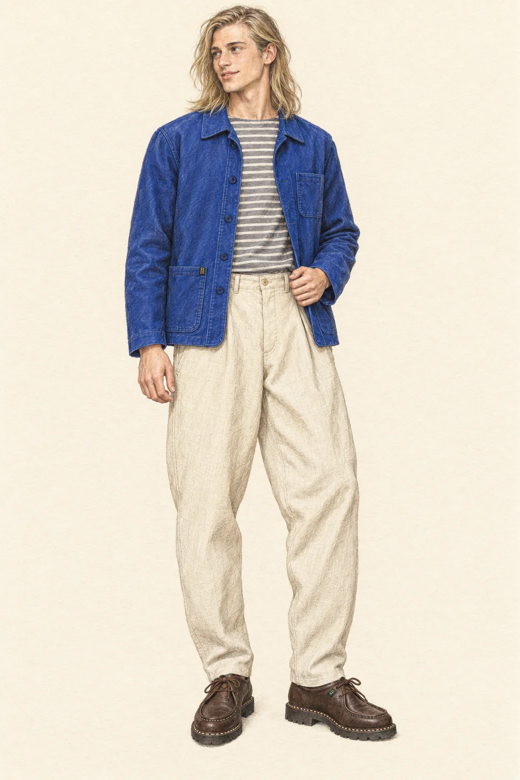 Realistic colored-pencil full-body portrait of a young adult with long blond hair wearing a blue work jacket, gray striped top, ecru tapered Largeot trousers and brown moc-toe lace-up shoes on ivory paper.