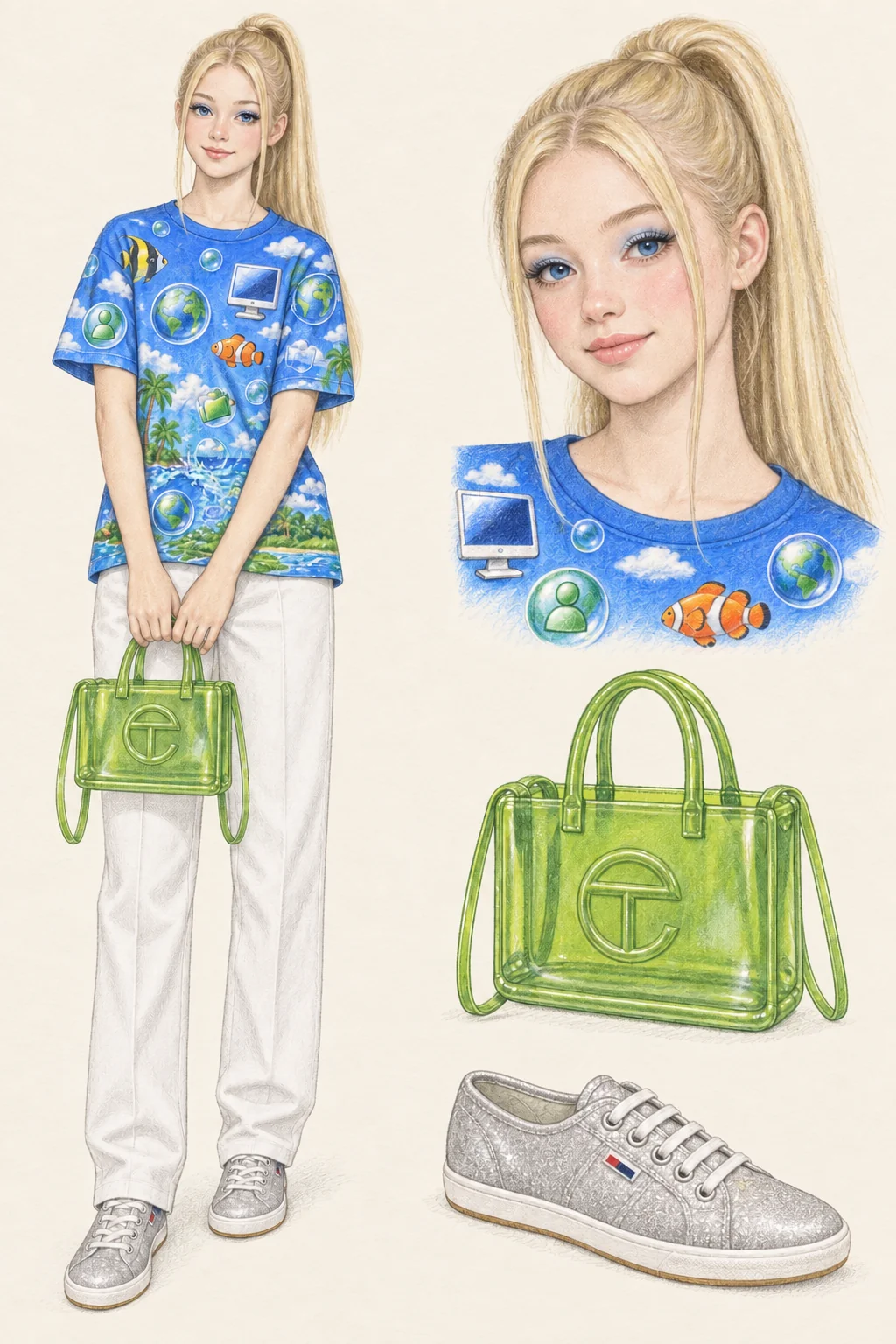 Youthful Frutiger Aero pencil fashion sketch: aquatic blue graphics, white twill and a green jelly bag.