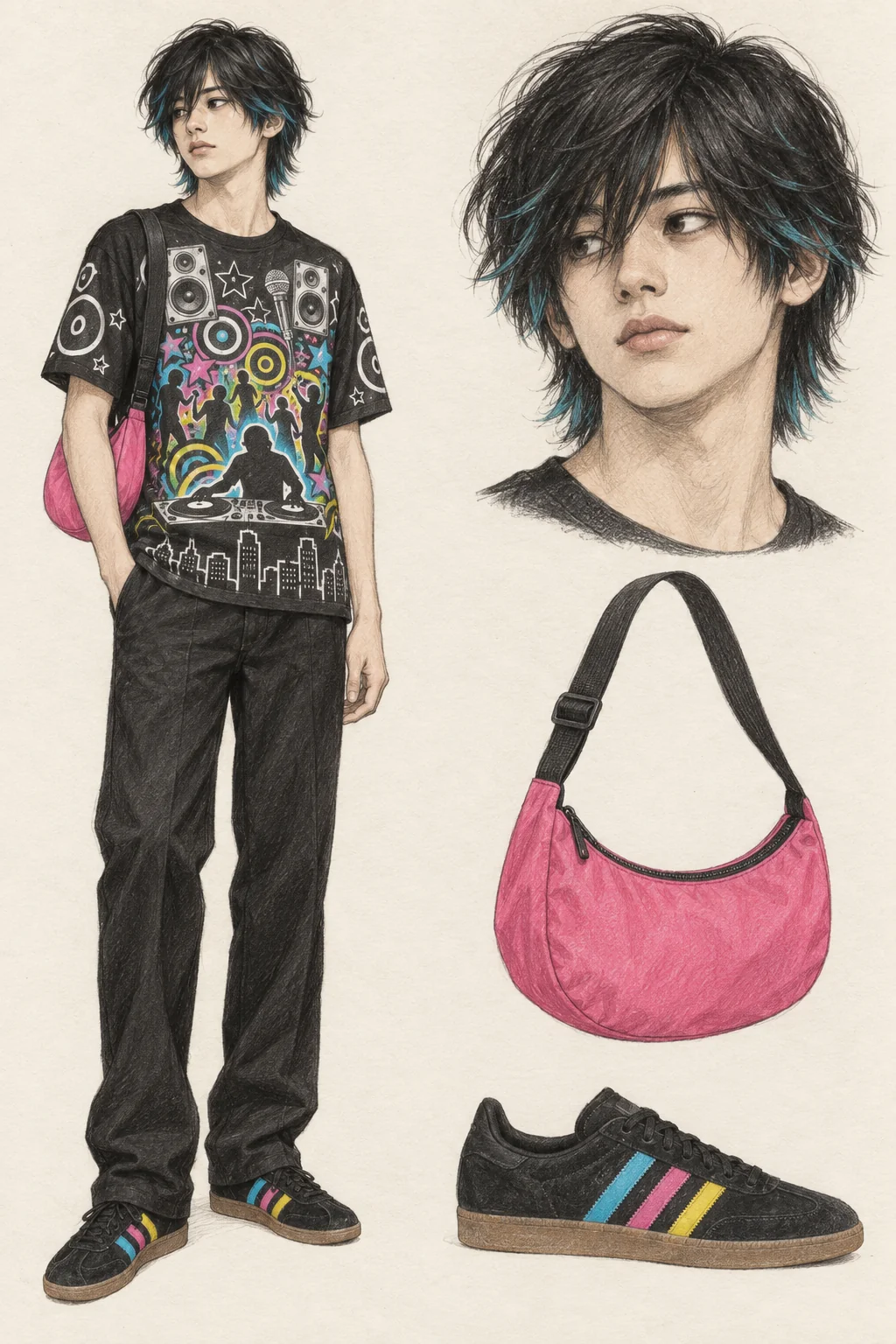 Youthful Frutiger Metro pencil fashion sketch: layered music graphics with black twill and azalea pink.