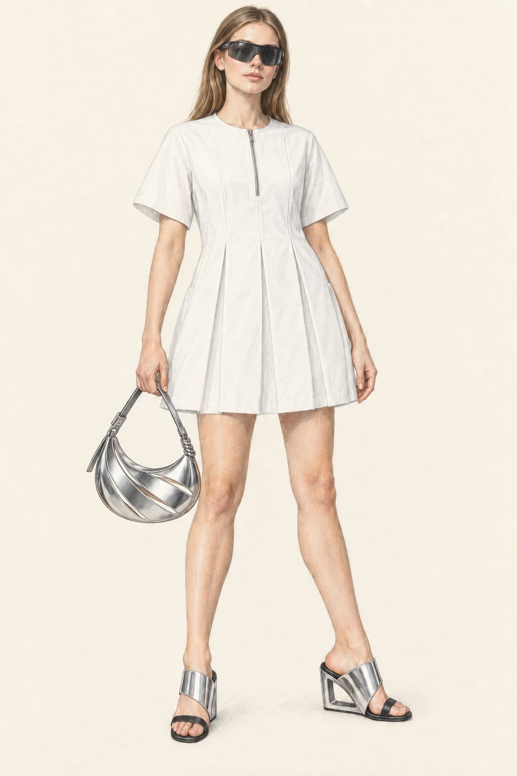 Full-length coloured-pencil sketch of a young adult with long dark-blonde hair wearing a white pleated zip-front dress, black shield sunglasses and sculptural silver-and-black sandals, holding a silver crescent bag on ivory paper.
