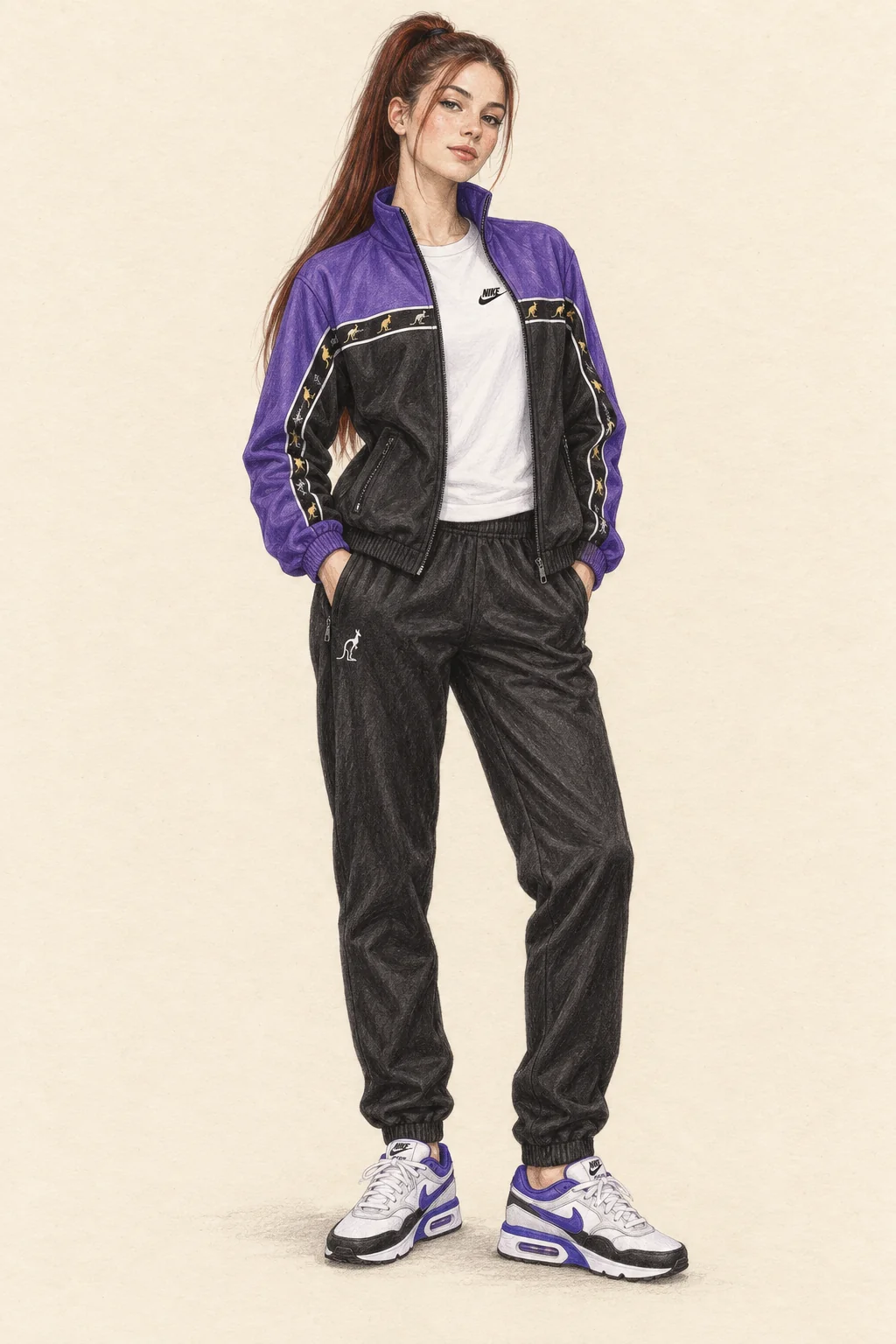Coloured-pencil fashion sketch of a slim young young woman with a long auburn ponytail, violet-and-black track jacket, white tee, black track pants and white-violet trainers.