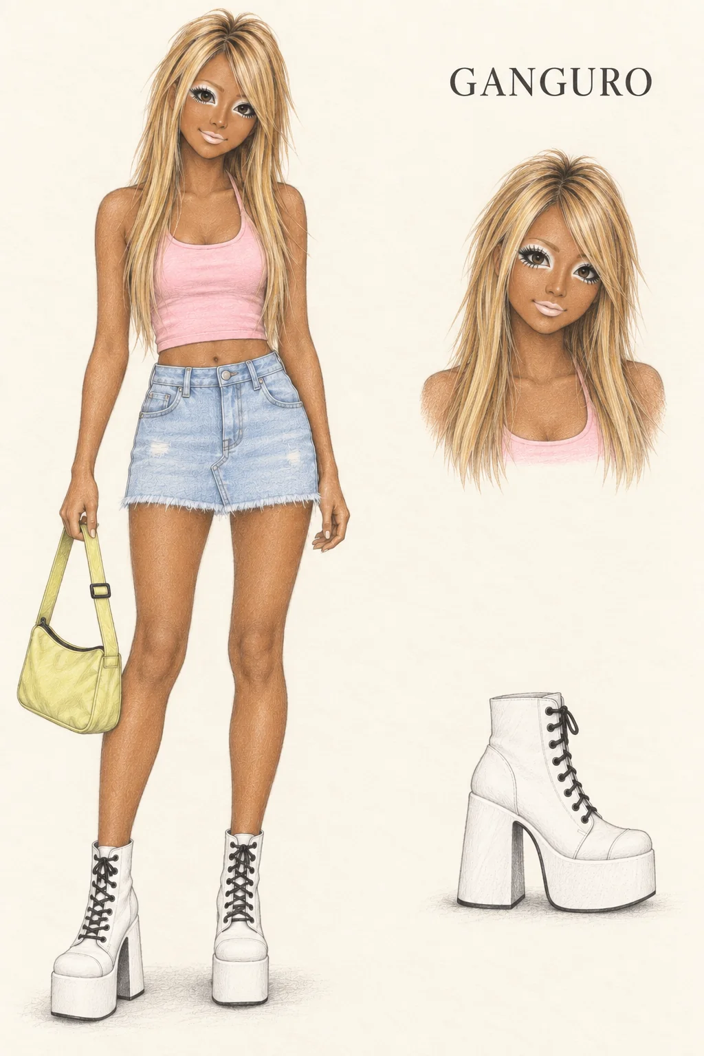 Full-length colored-pencil sketch of a fictional youthful Japanese Ganguro character with deep warm-brown tan, long bleached blonde layers, ivory eye makeup and pale lips, wearing a pink halter, denim mini and white platforms while carrying a lime bag; separate face and boot studies on ivory paper.