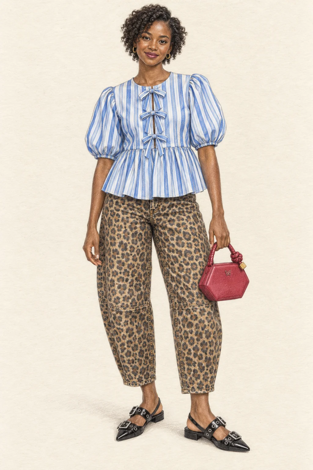 Realistic coloured-pencil portrait of a youthful Black woman with short curls in a blue-striped tie blouse, leopard barrel jeans, black buckle flats and a raspberry bag.