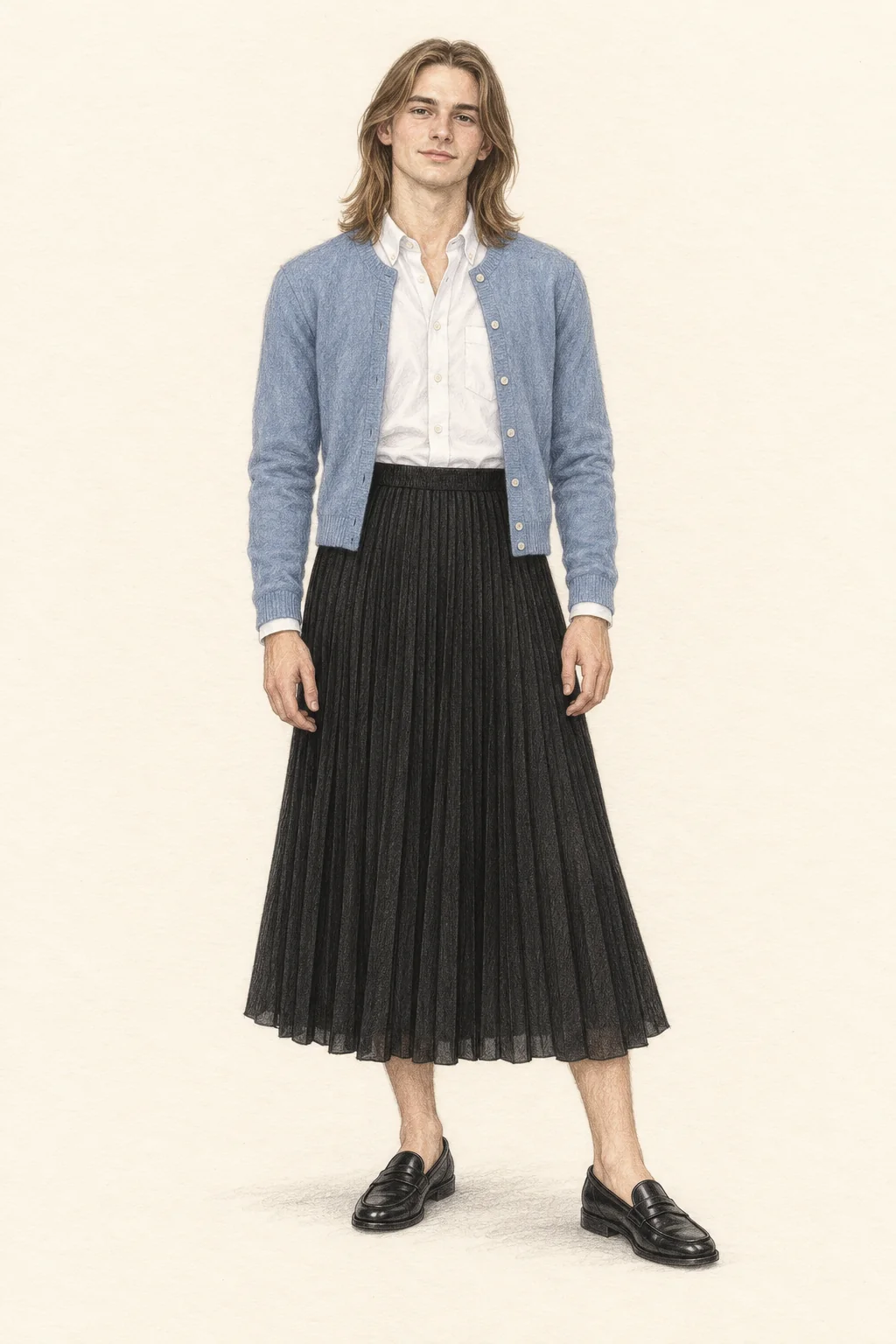Full-length colored-pencil portrait of a young adult with shoulder-length hair, wearing a white Oxford shirt, open blue cardigan, black pleated skirt and black penny loafers on ivory paper.