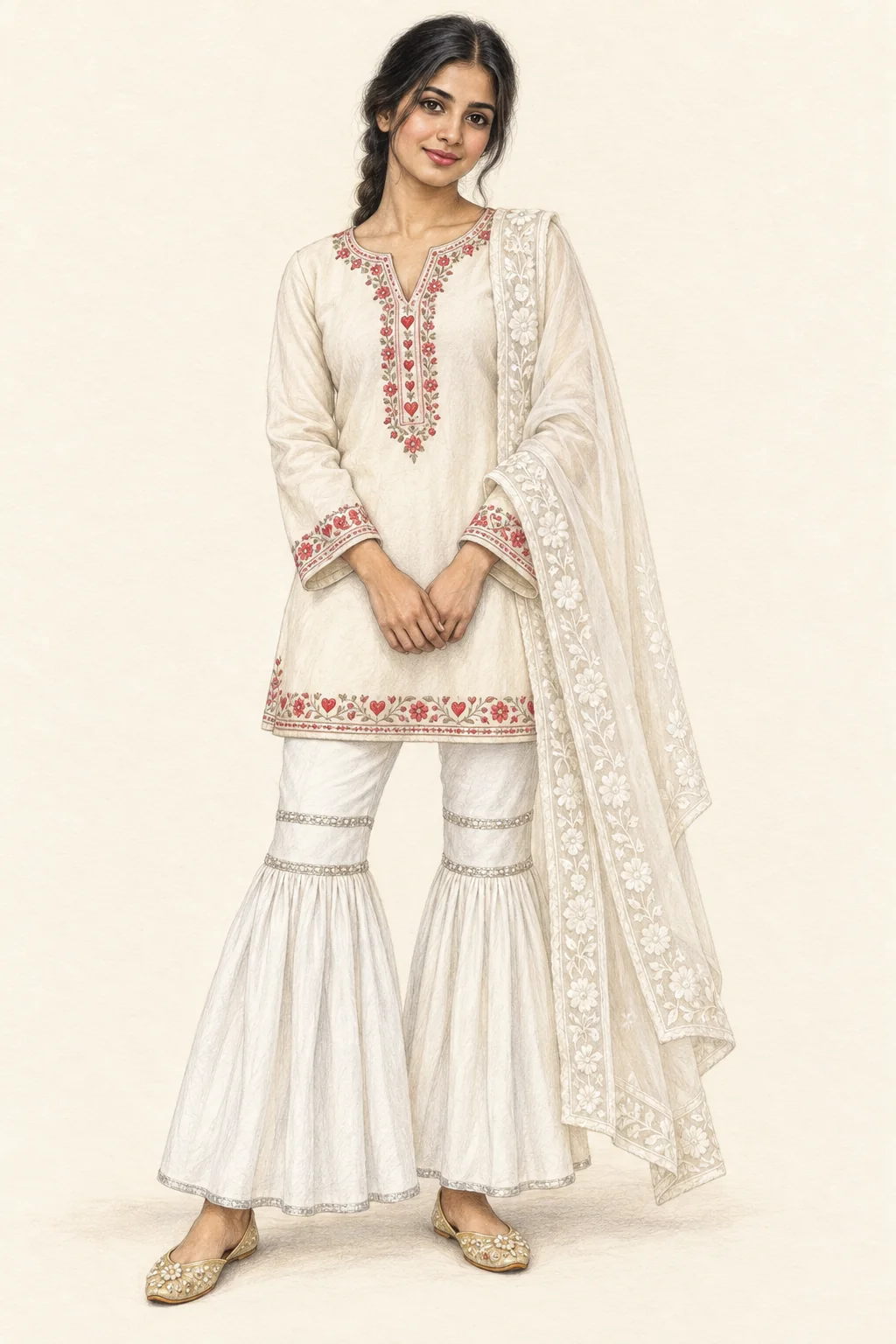 Full coloured-pencil figure in an ivory short kurta, white knee-joined gharara trousers, embroidered chiffon dupatta and gold juttis.