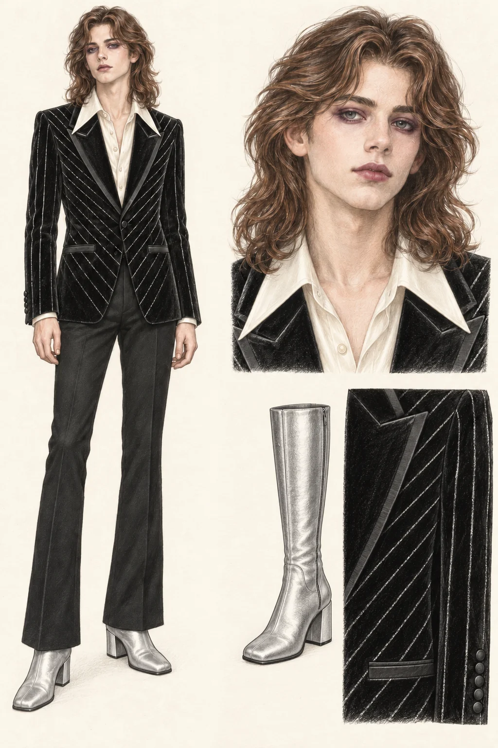 Youthful Glam Rockcore fashion sketch with silver lines and a pearl dagger collar.