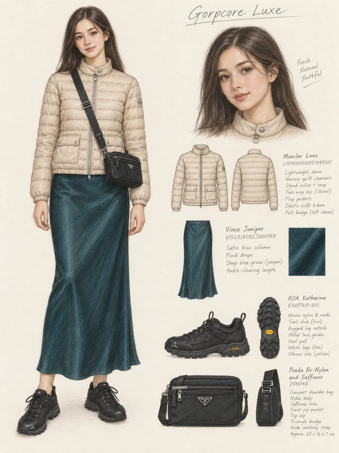 Full-length colored-pencil fashion sketch on warm ivory. Fresh youthful soft face, long smooth dark hair, natural brows, gentle lashes and rose cheeks/lips. Healthy slim frame and softly shaded ankles. Short beige narrow-quilt jacket with snap stand collar, paired flap pockets and closed zipper; long deep blue-green satin skirt; black low trail shoes; small black crossbody. Same-character portrait and construction studies remain outside the clean full-figure crop.