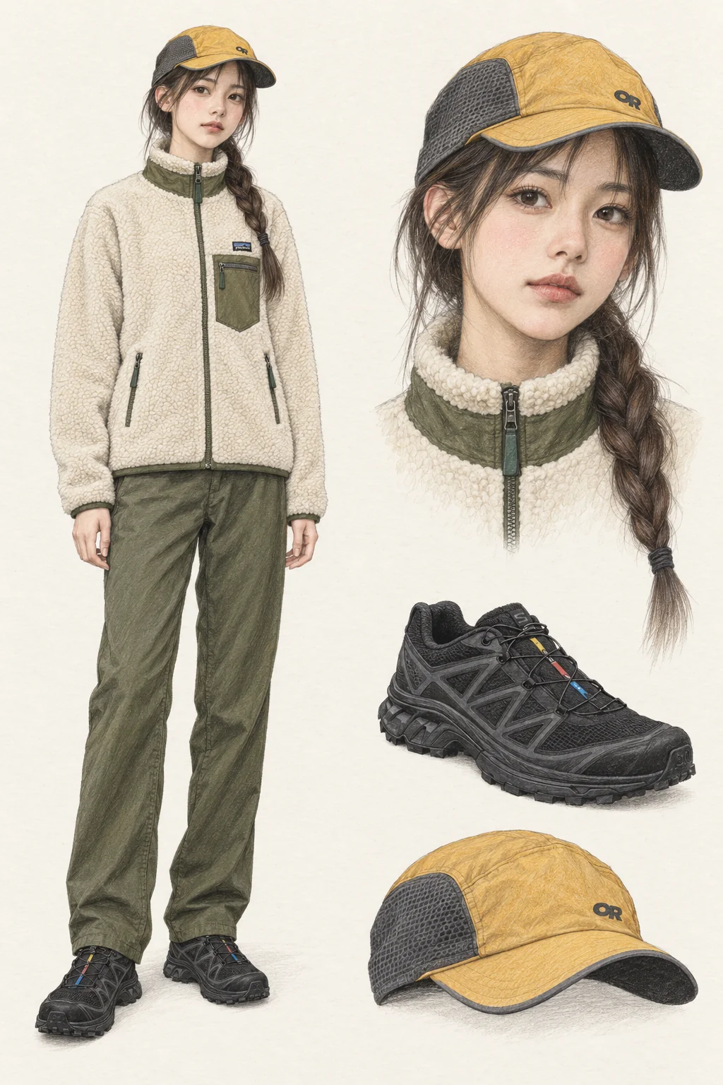 Youthful Gorpcore fashion sketch with cream fleece, olive trousers and an amber cap.