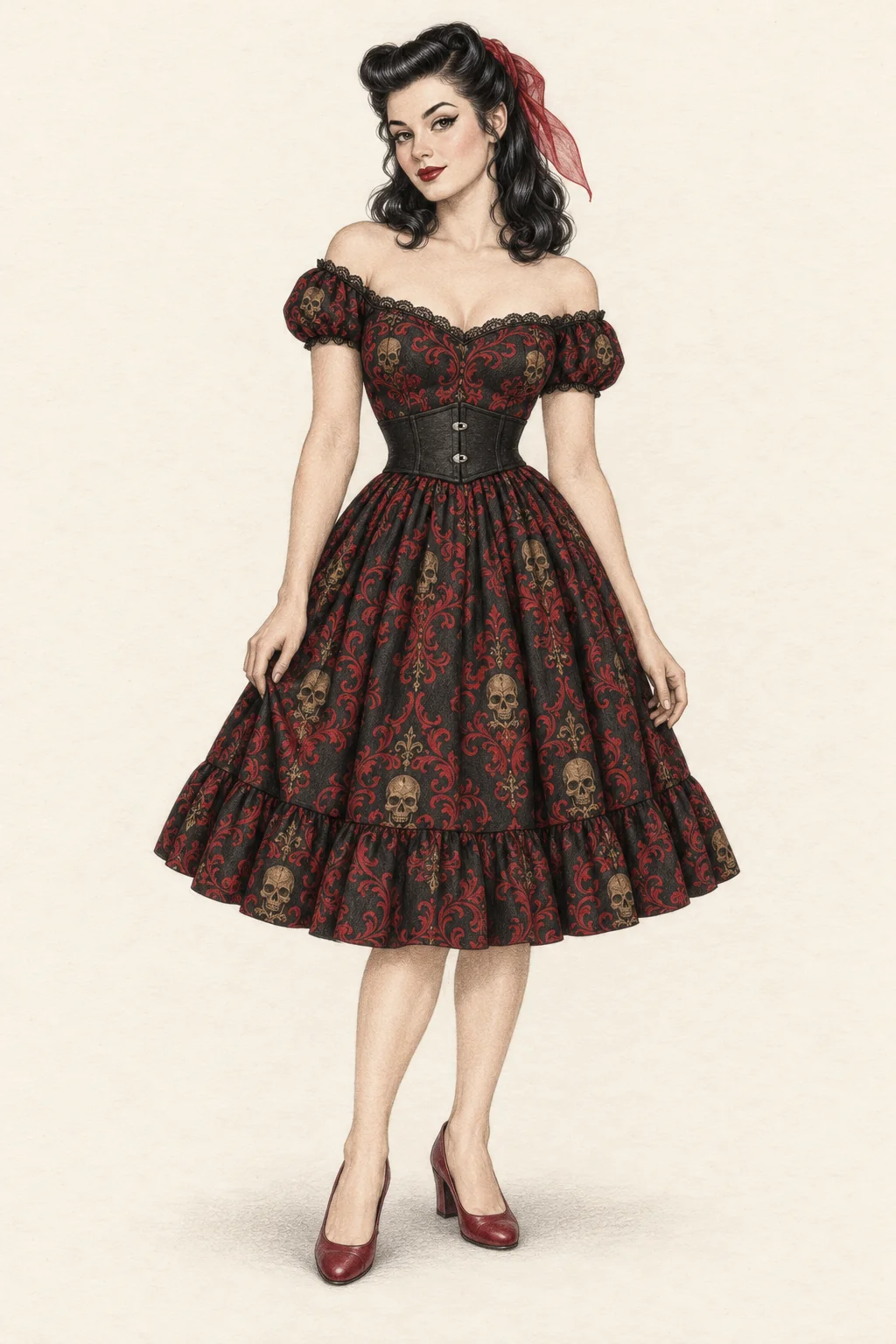 Fictional young adult wearing a black and crimson skull-print full-skirt dress, black waist cincher, red hair scarf and maroon court shoes on warm ivory paper.