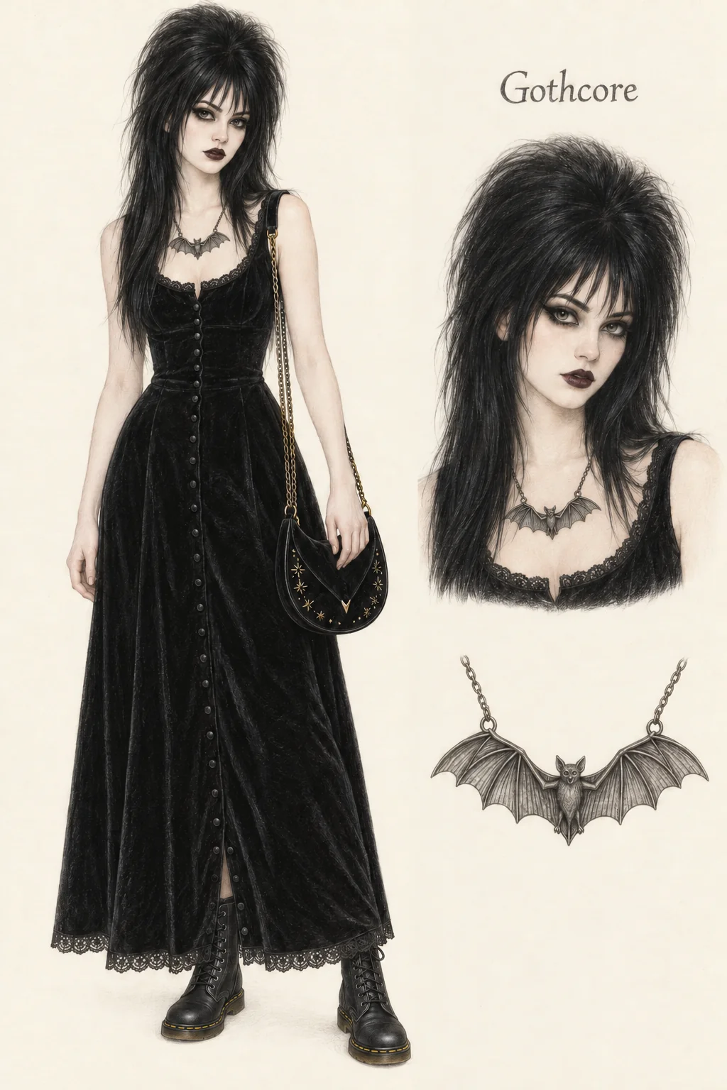 Full-length colored-pencil fashion sketch on warm ivory paper. Fictional youthful 20-year-old woman with light skin, long high-volume black hair, graphic black eye makeup and a healthy slim frame. Illustrated look: black velvet maxi + plain-toe ankle boots + pewter bat necklace + black crescent bag, with high teased black hair and angular dark eyes. Separate face and garment detail studies appear to the right.