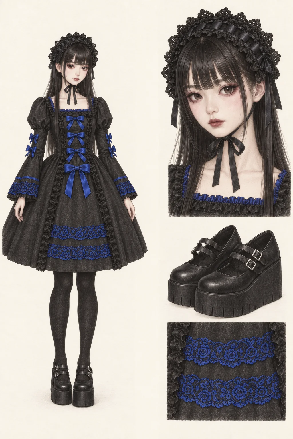 Youthful Gothic Lolita fashion sketch with black shantung, blue bows and a lace headdress.