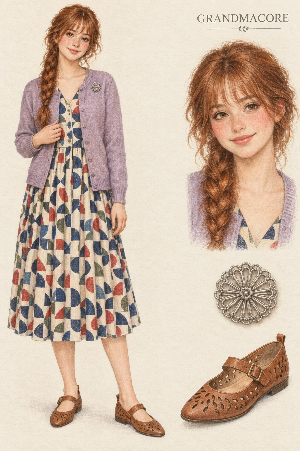 Colored-pencil Grandmacore study: lilac knit, a geometric tea dress and silver lace, youthful fictional character with separate face and footwear studies.