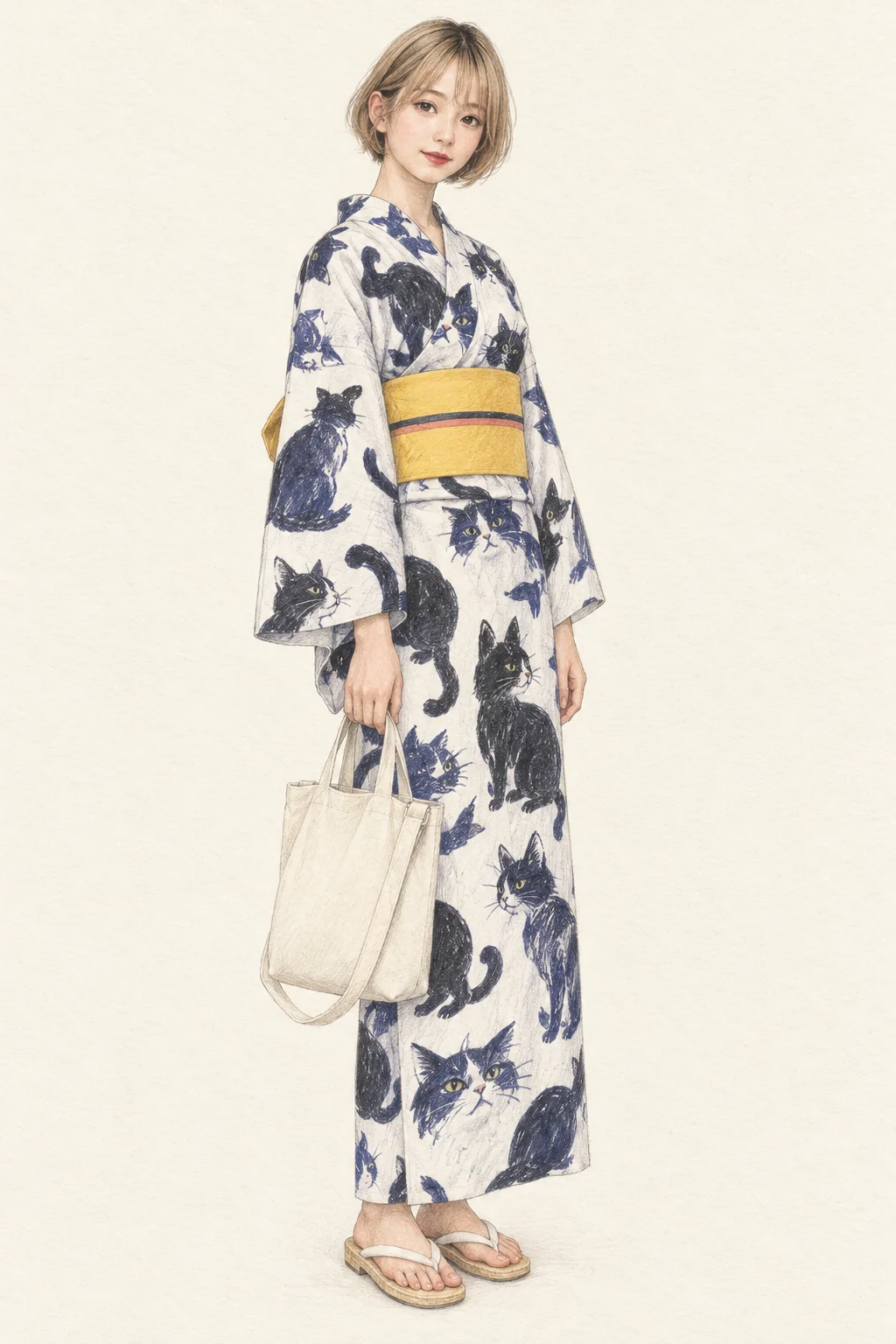 A woman with a blonde bob in an ink-cat-print yukata, yellow obi, woven sandals and natural canvas tote.