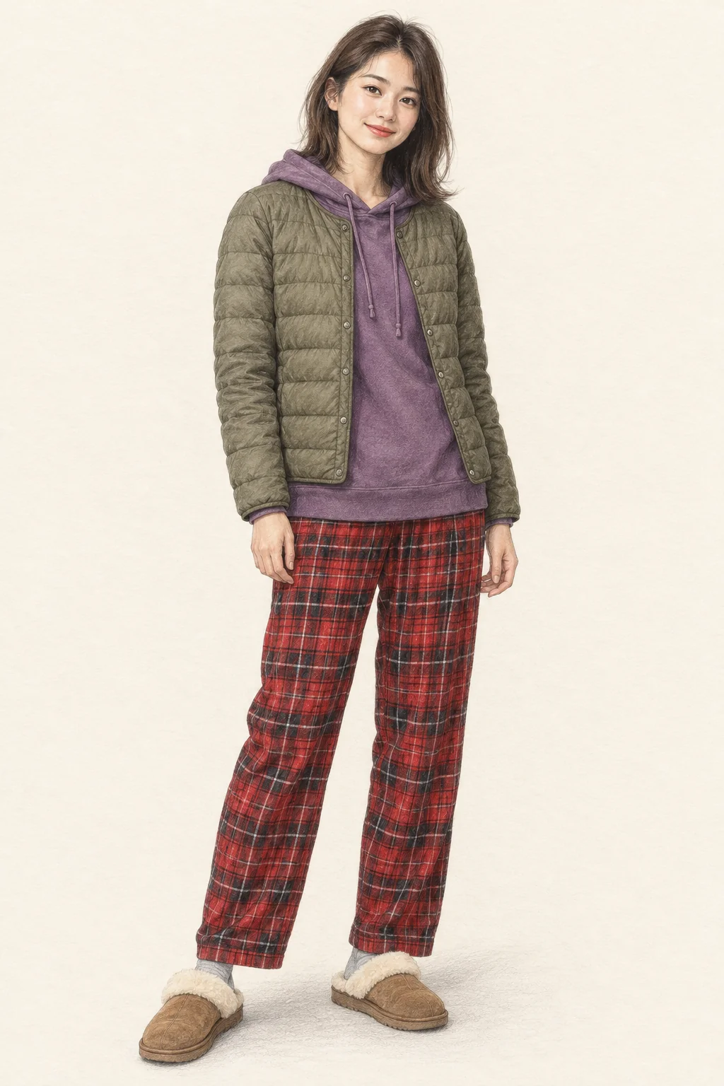 A woman in an open olive quilted jacket, purple hoodie, loose red plaid trousers and chestnut lined slippers.