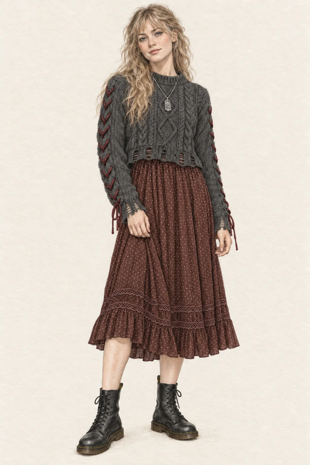 Colored-pencil full-body portrait on ivory paper wearing a charcoal cable-knit sweater with burgundy sleeve lacing over a wine-brown dotted lace midi dress, black lace-up boots and a small clear rose pendant.