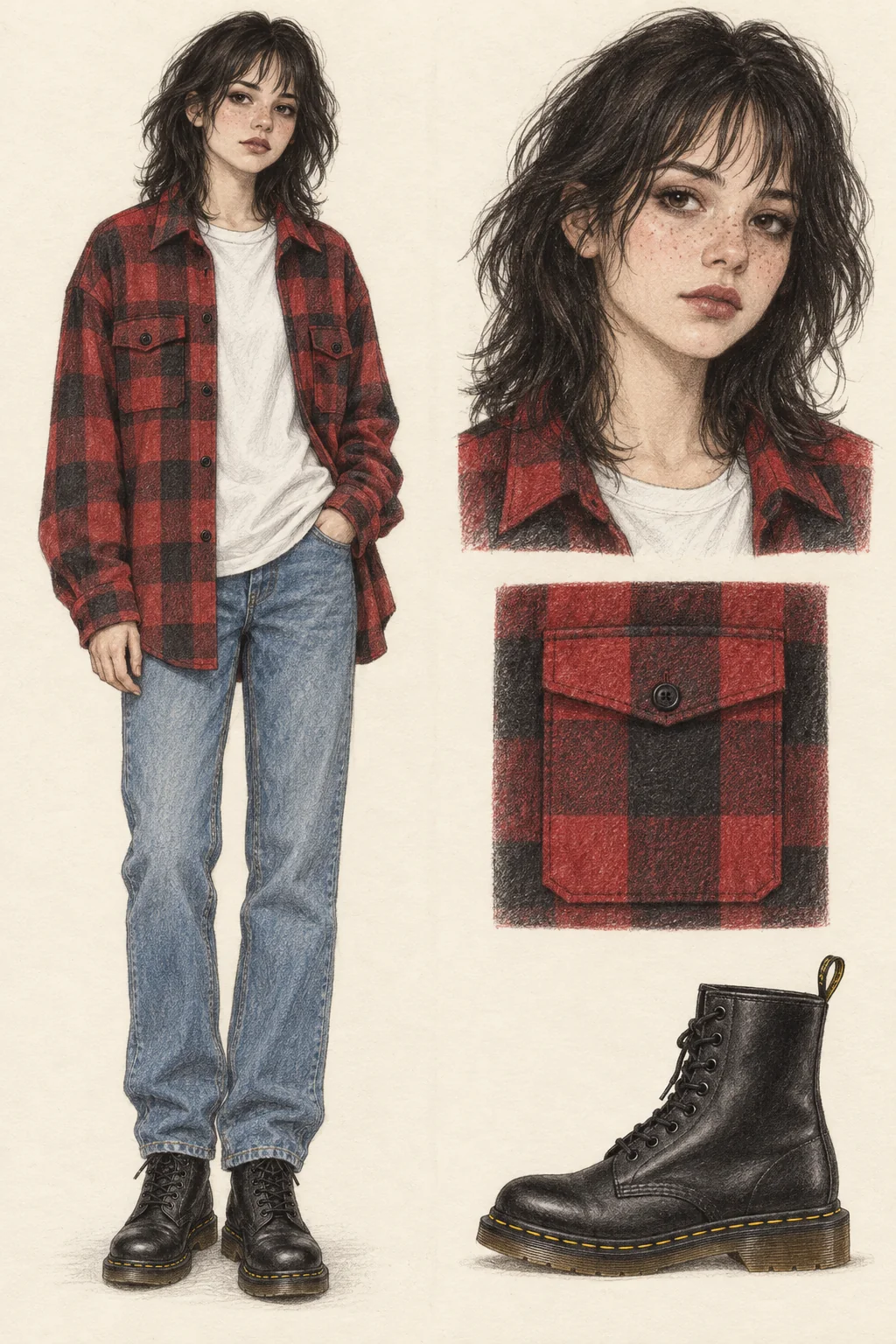 Youthful Grungecore fashion sketch: loose red flannel, a white tee and straight denim.