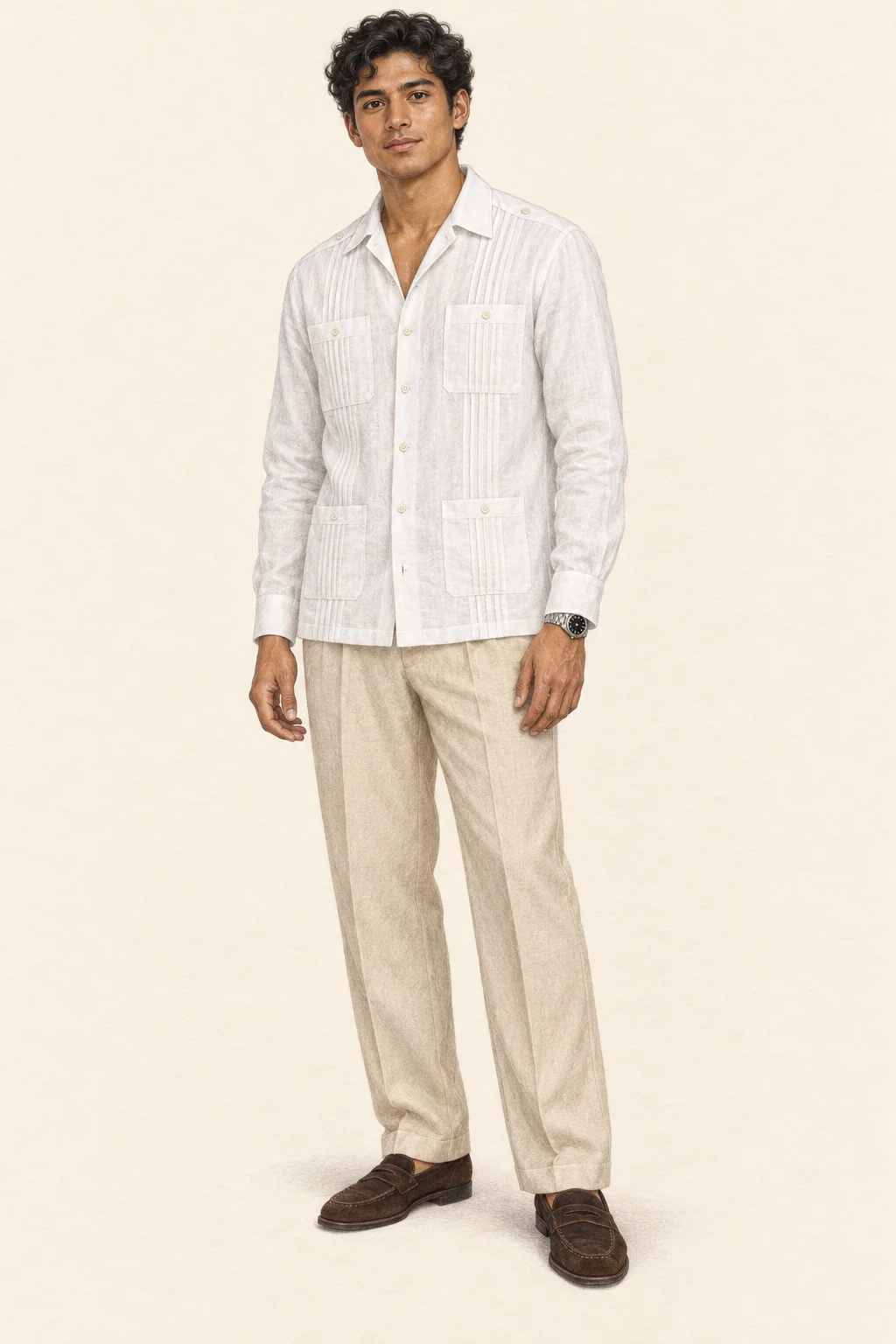 Full-length coloured-pencil illustration of a youthful fictional man in a white four-pocket guayabera, beige trousers, brown suede loafers and a silver watch.
