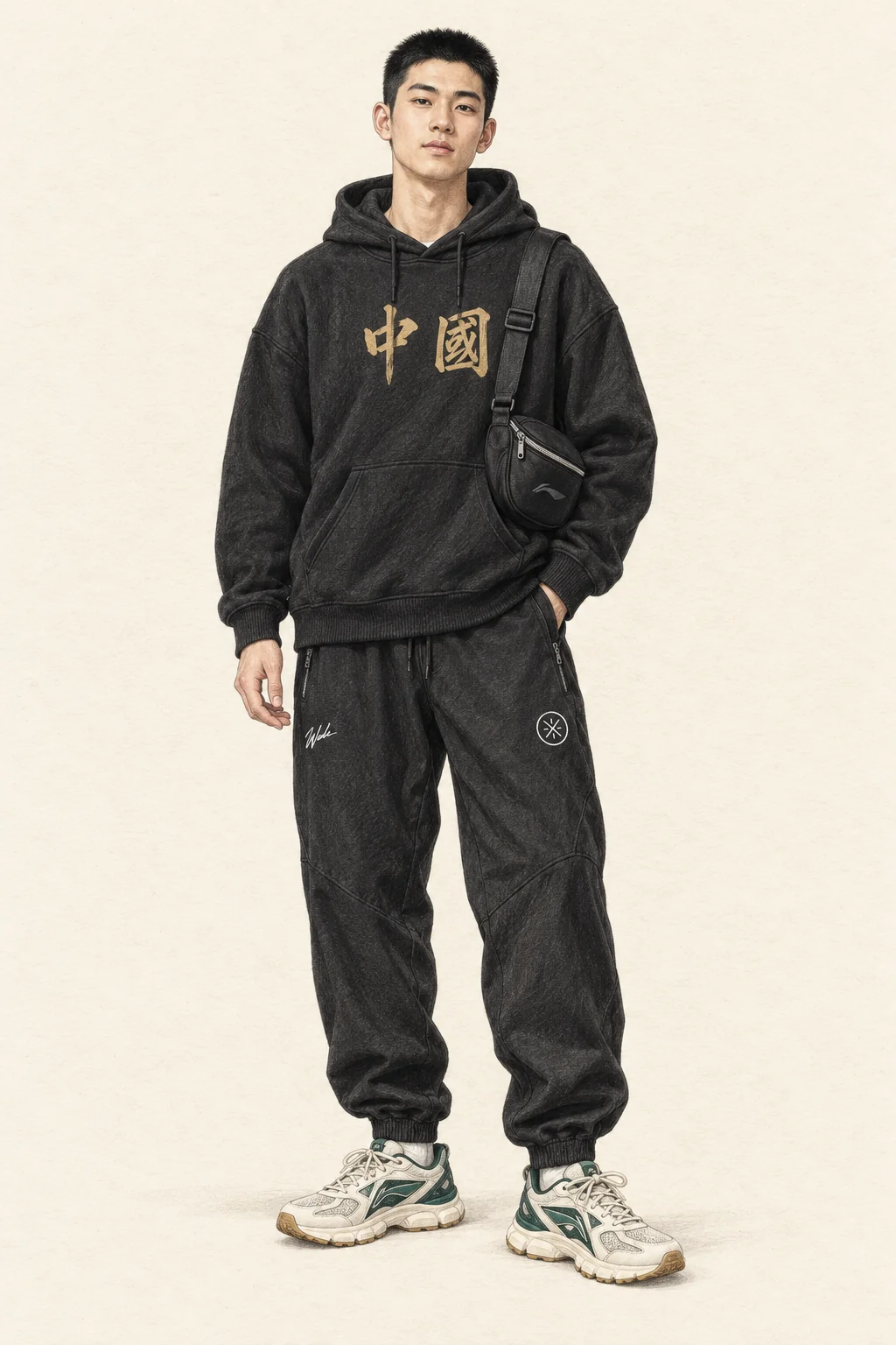 Colored-pencil full figure of a fictional young Chinese man in a black hoodie with gold Chinese characters, roomy black training trousers, cream-and-green chunky trainers and a small black bag.