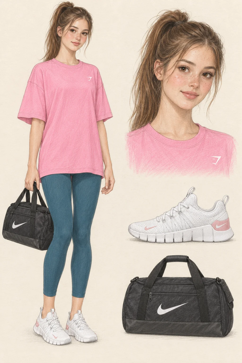 Youthful Gym Girl fashion sketch: loose pink tee, teal leggings and white trainers.