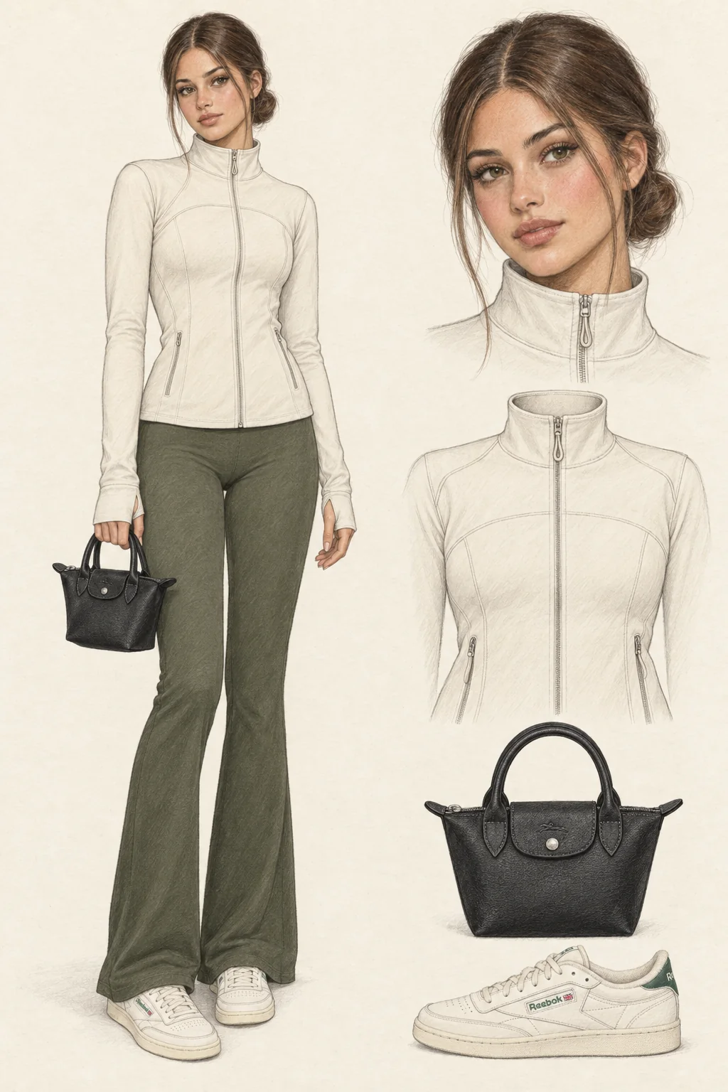 Youthful Gym Luxe fashion sketch: cream zip jacket, olive flares and a small black bag.